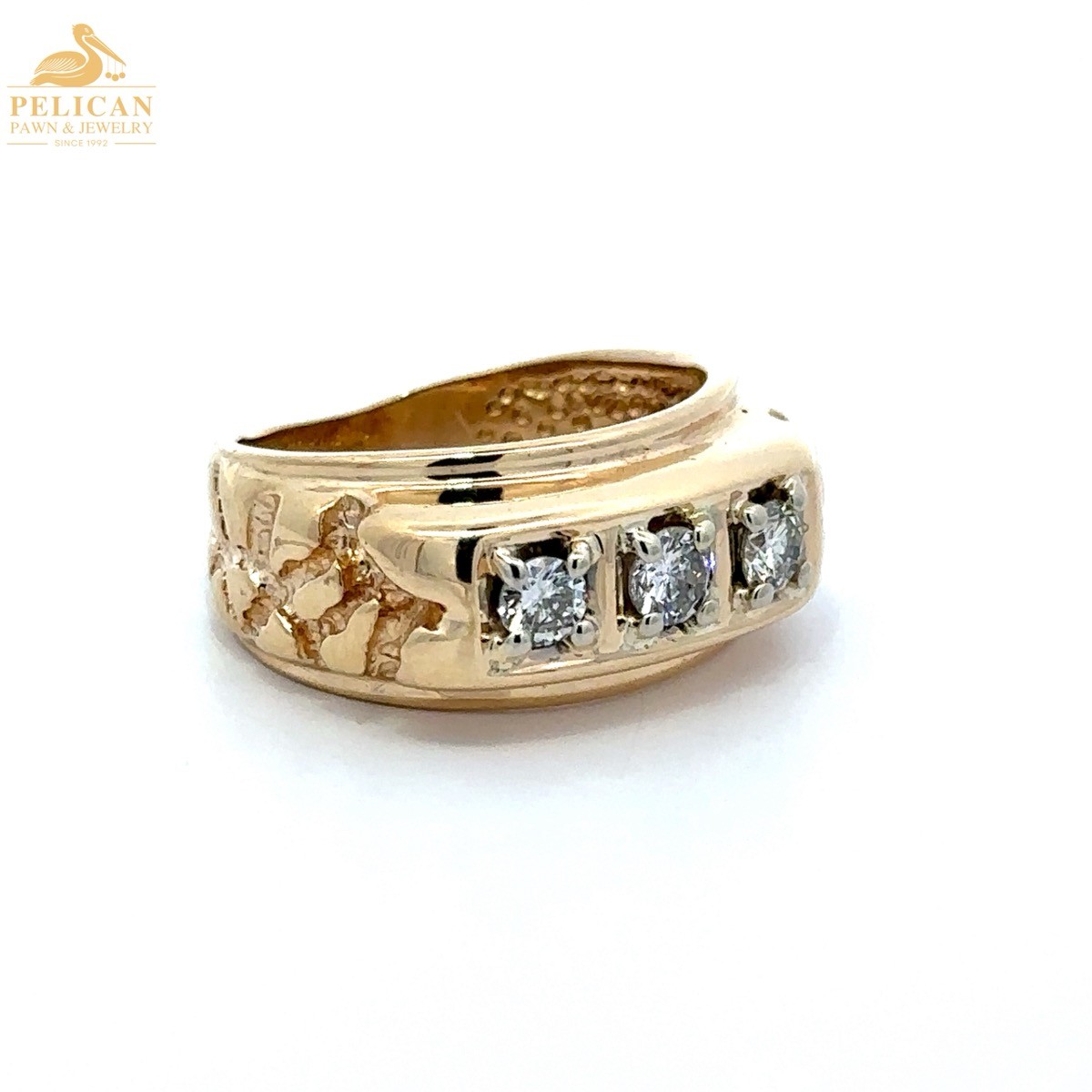 Retro Three-Stone Diamond Gold Nugget Ring 10KT Yellow Gold SZ 6.5 (PSH044027)