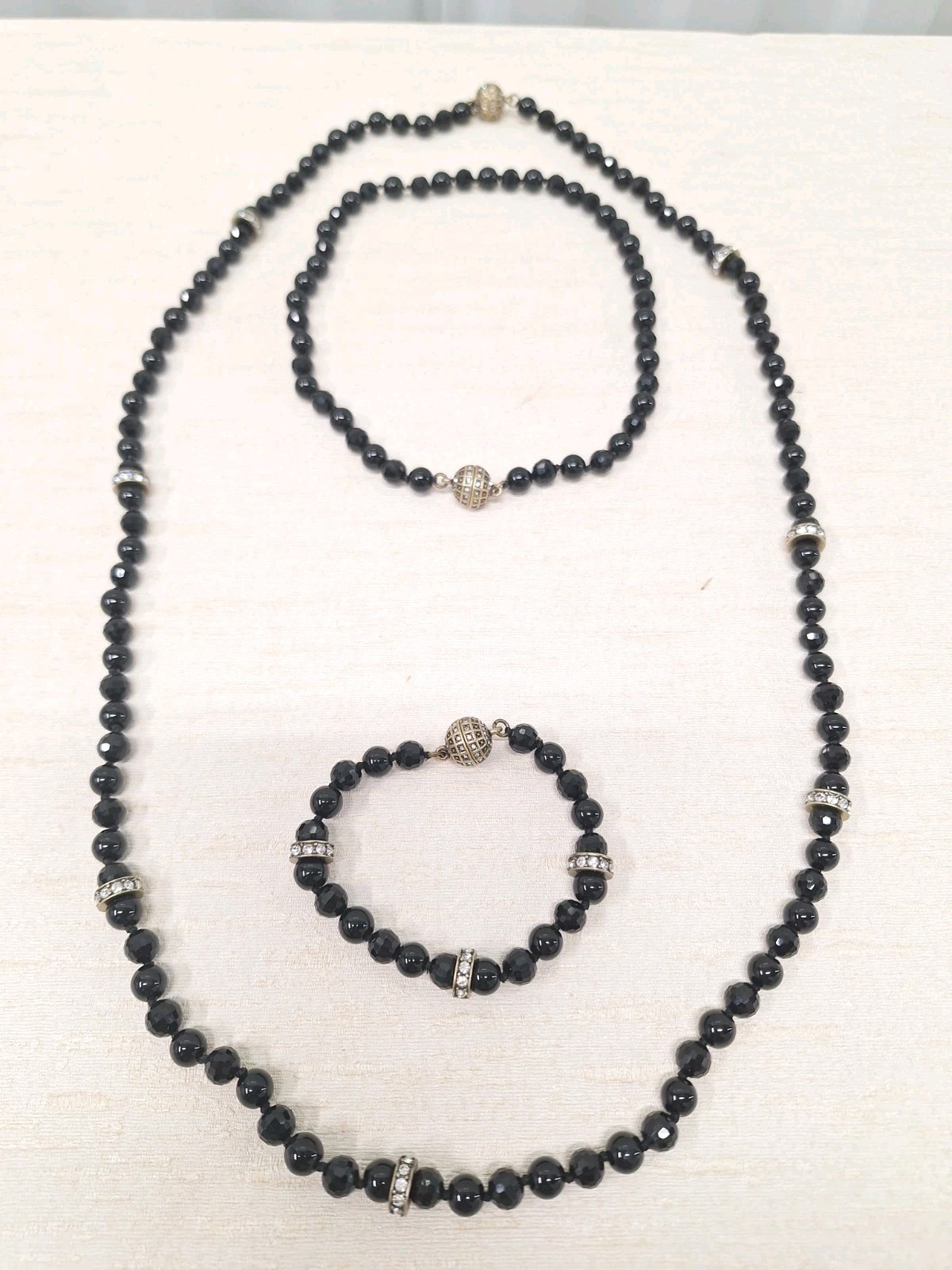 Black Crystal Beaded Necklaces & Bracelet Set Magnetic Clasps Timeless Versatile