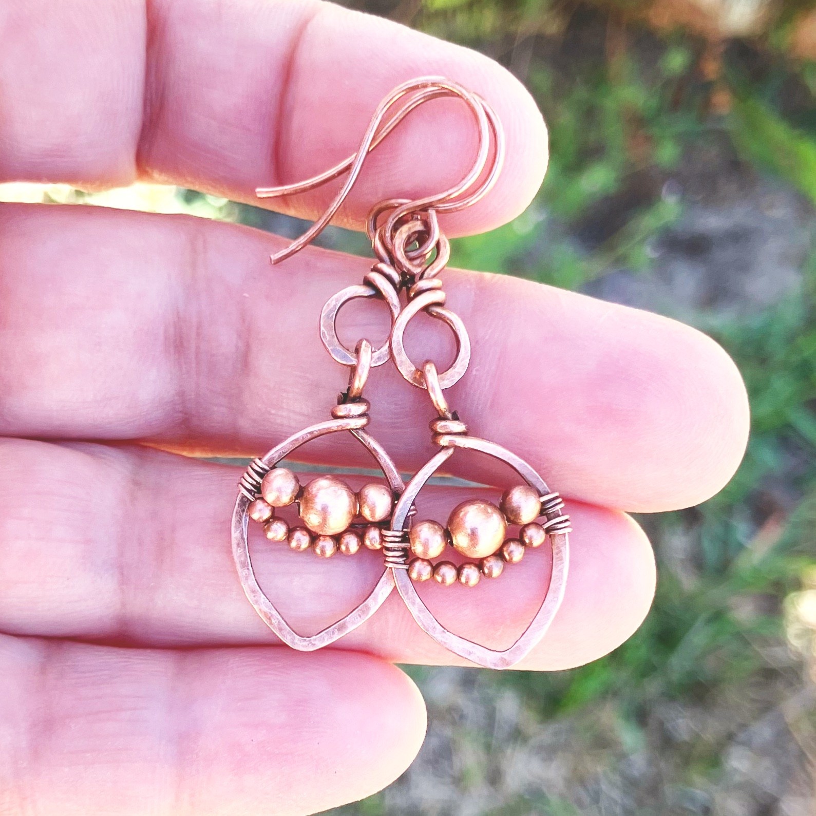 Beaded Wire Wrapped Boho Dangle Earrings Leaf Solid Copper Unique Handcrafted