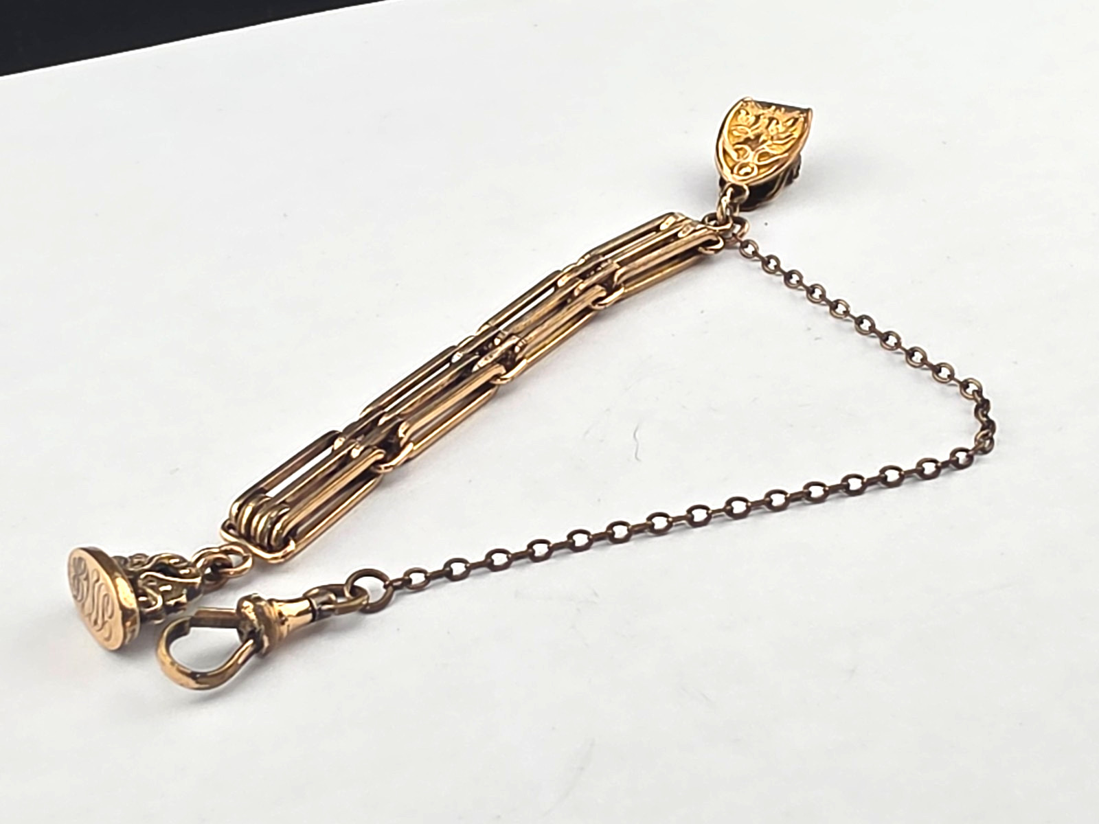 Antique Gold-Filled Watch Tank Chain & Monogram Fob 5″ MS co.