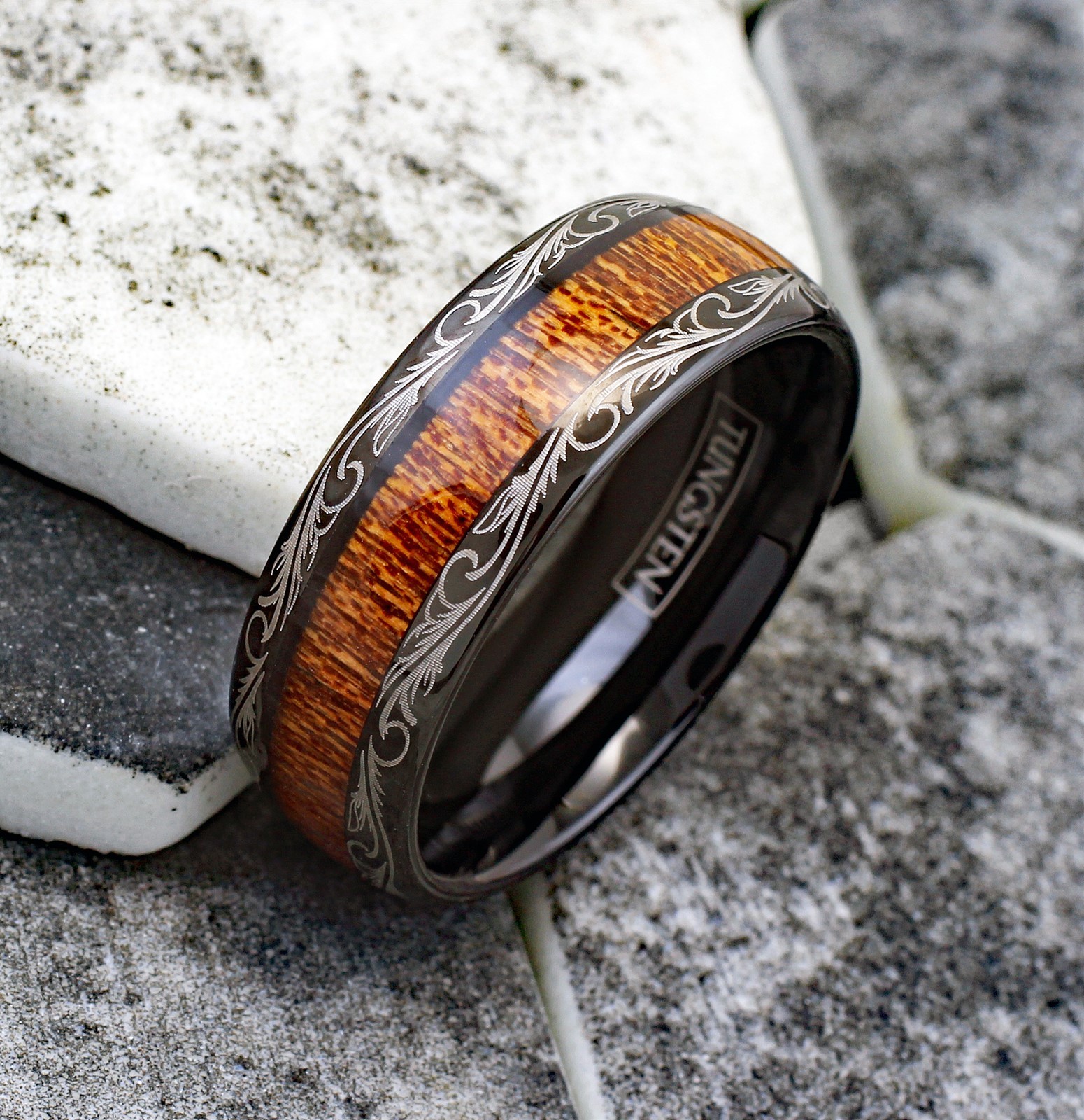 Men’s Tungsten Ring 8mm Black w/ Wood Grain Leaf Edge Wedding Band