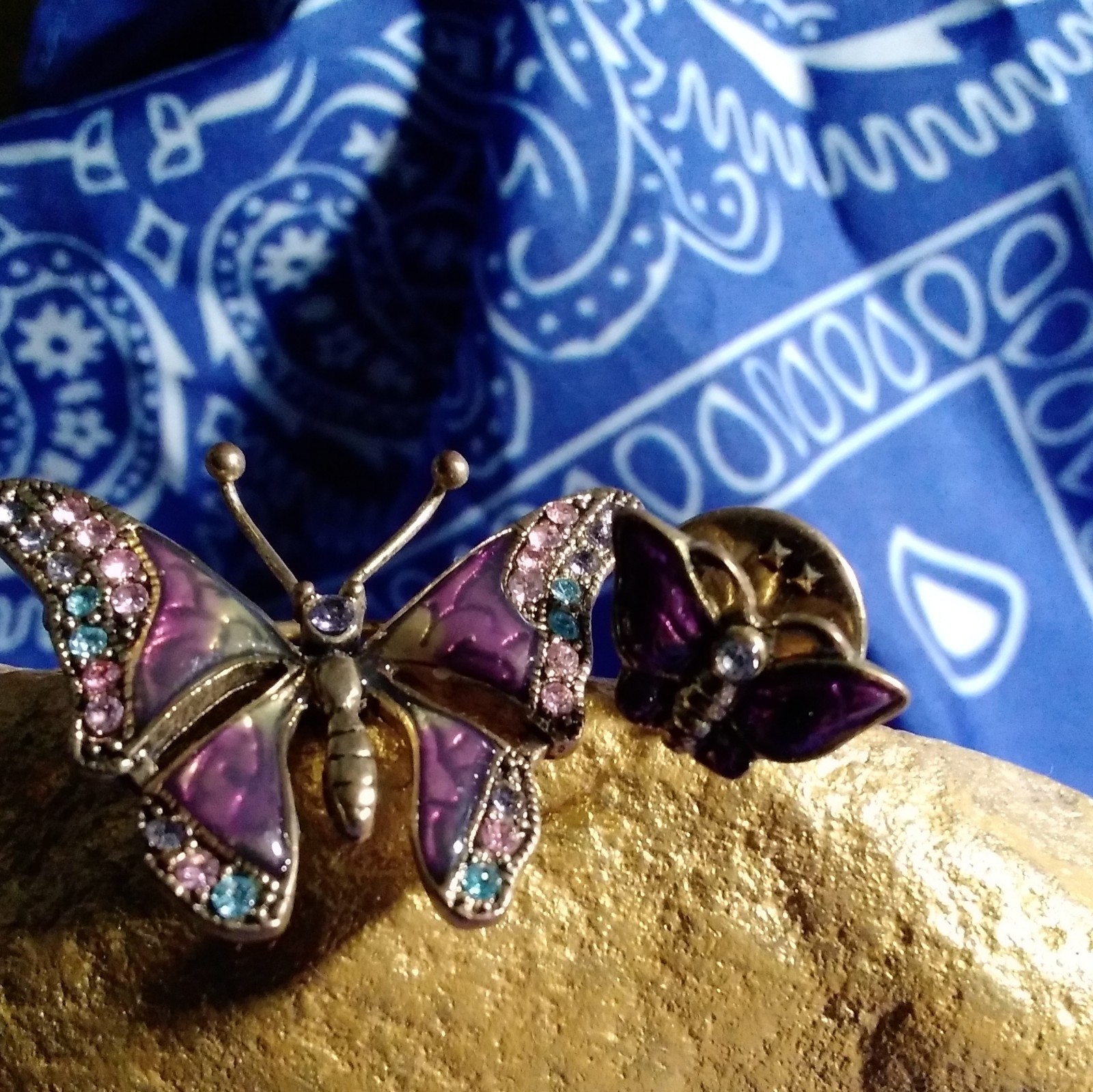 Butterfly Enamel Rhinestone Lapel Pin – Metal Silver Tone Purple Pink Blue