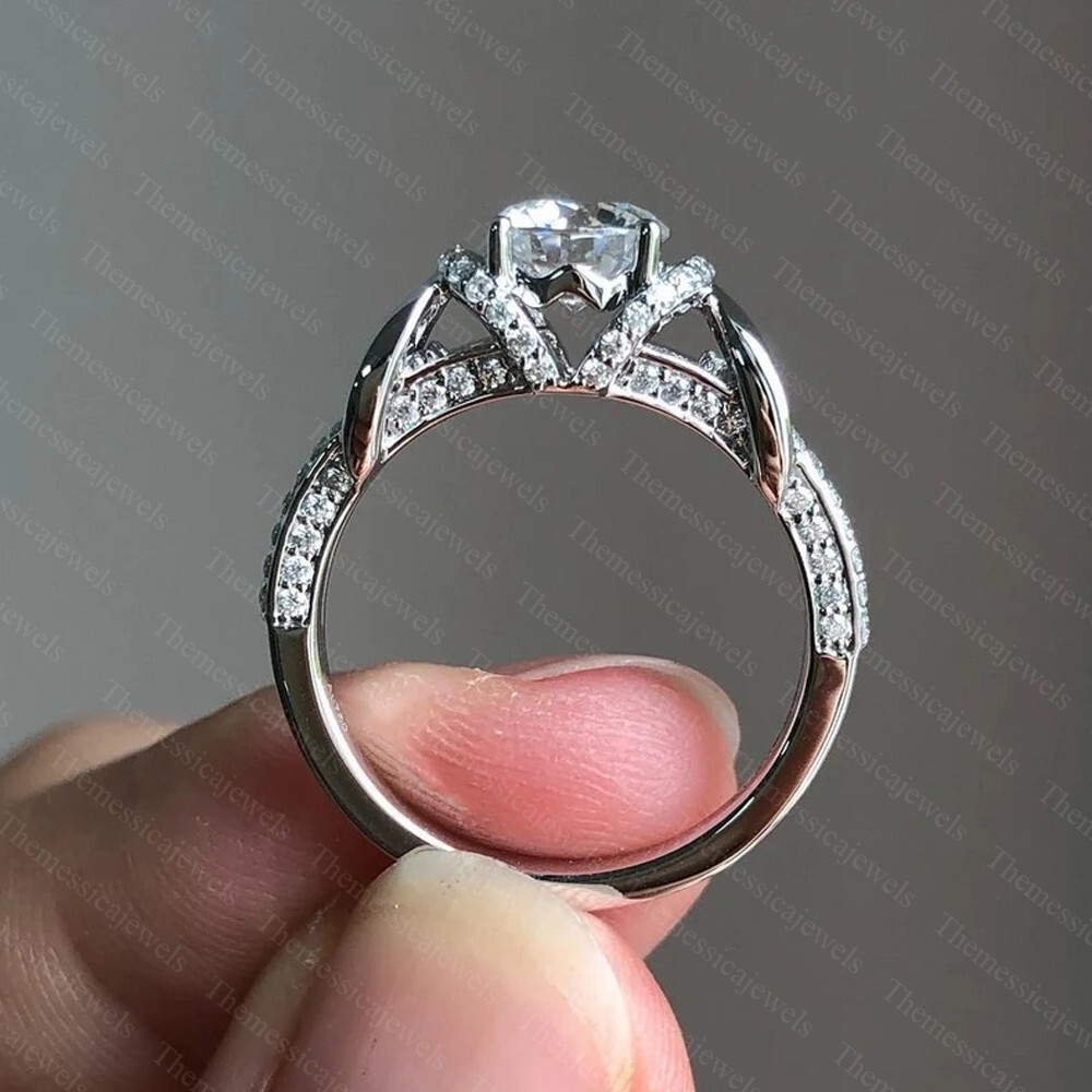 2.16 TCW Round Cut Moissanite Unique Engagement Ring 14K White Gold Plated