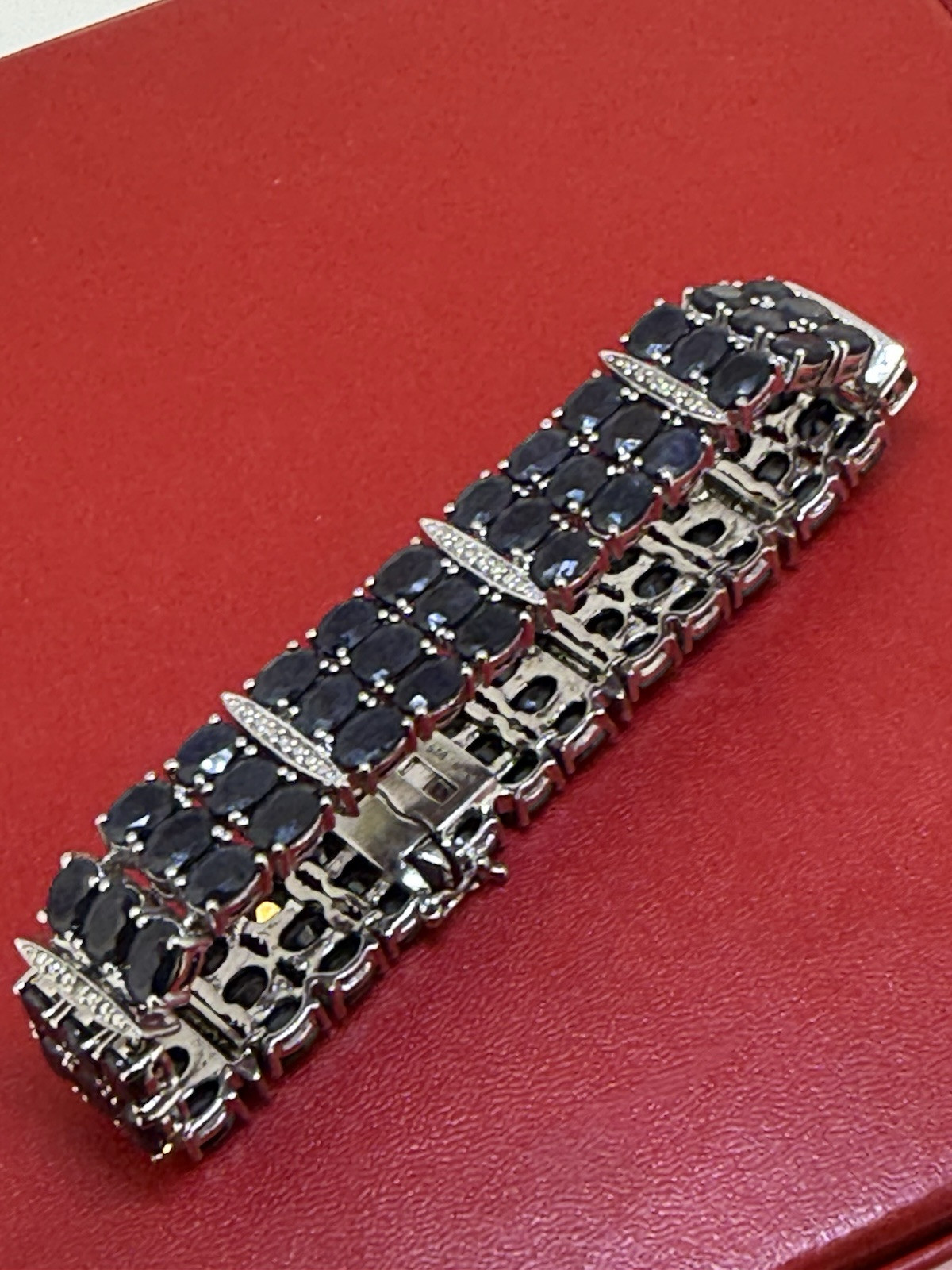 Vintage SJM Sterling Silver Blue Sapphire & Diamond Bracelet 7.5 Inch Long