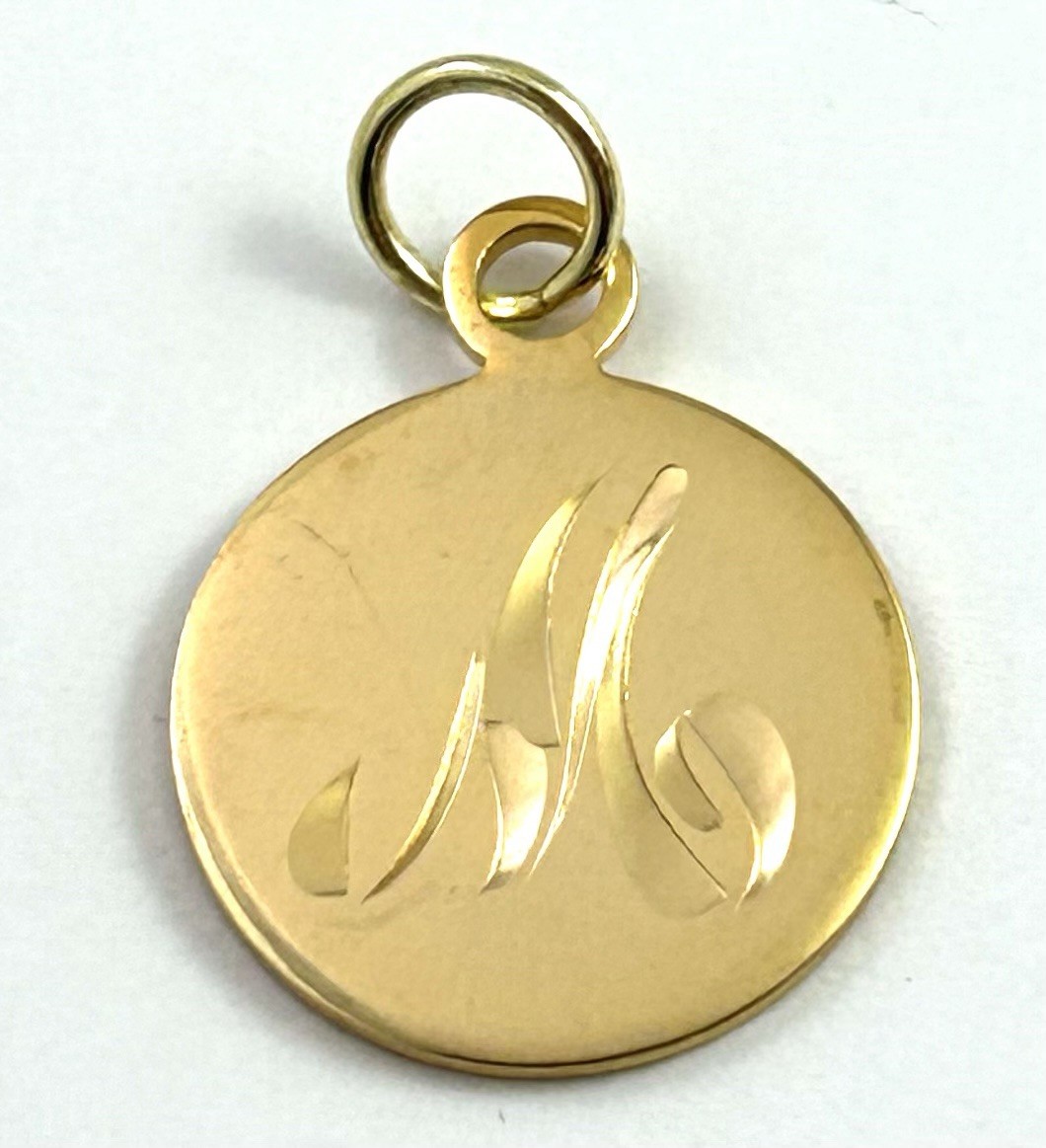 Vintage Initial M Charm Dainty Pendant Etched Gold Plated Metal Vintage Jewelry