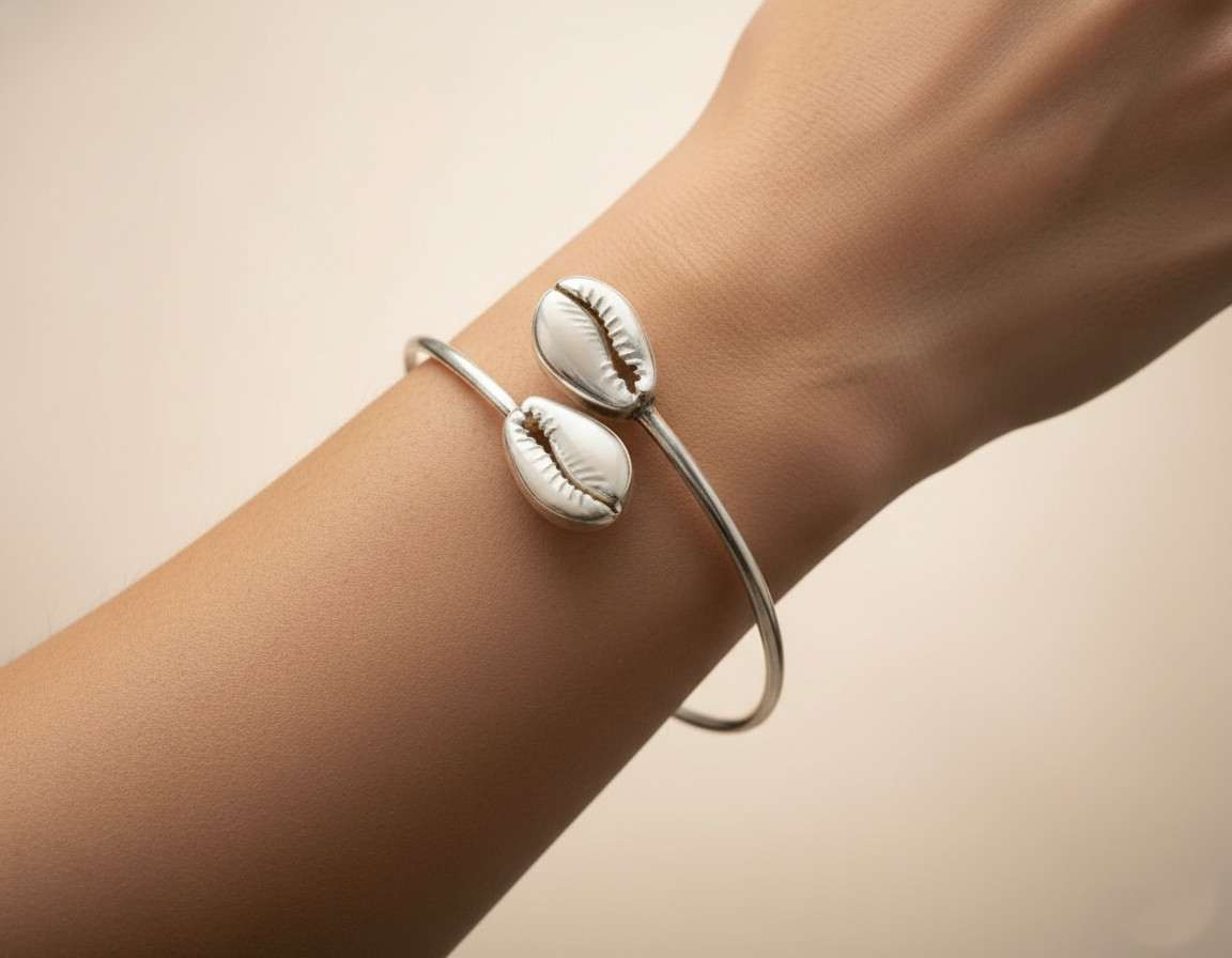 925 Sterling Silver Cowrie Shell Bracelet Double White Shell Cuff Bangle