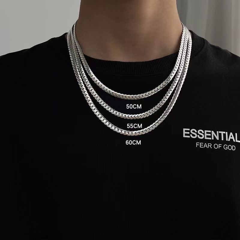 Stainless Steel Cuban Link Chain Necklace Silver Plated 50/55/60cm Men Jewelry