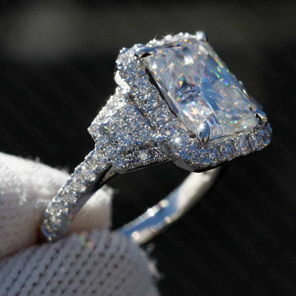 10x8mm Radiant Cut VVS1 Moissanite Halo Engagement Ring in 14K White Gold Plated