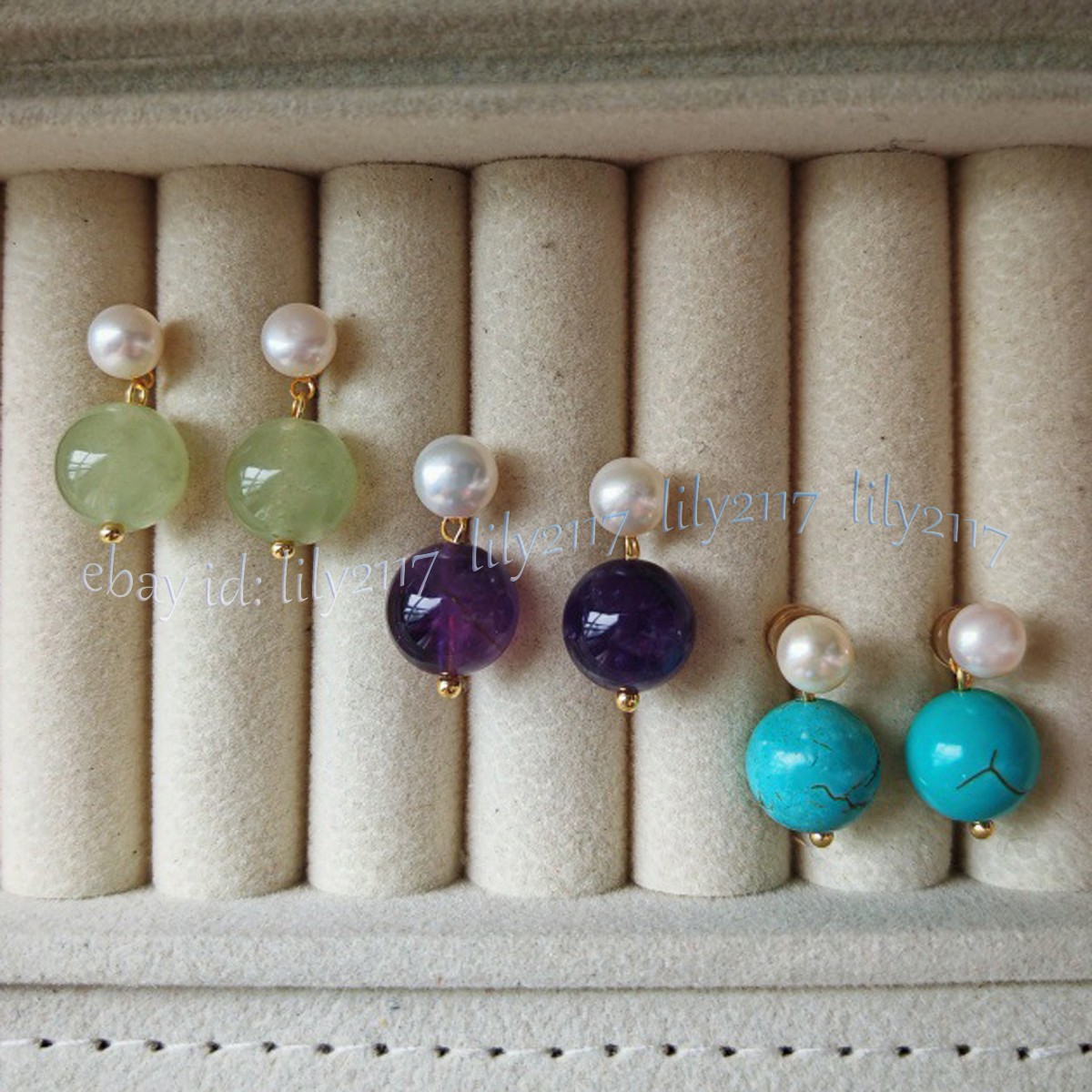 Natural 7-8mm White Pearl 10mm Round Gemstone Beads Dangle Stud Earrings Jewelry