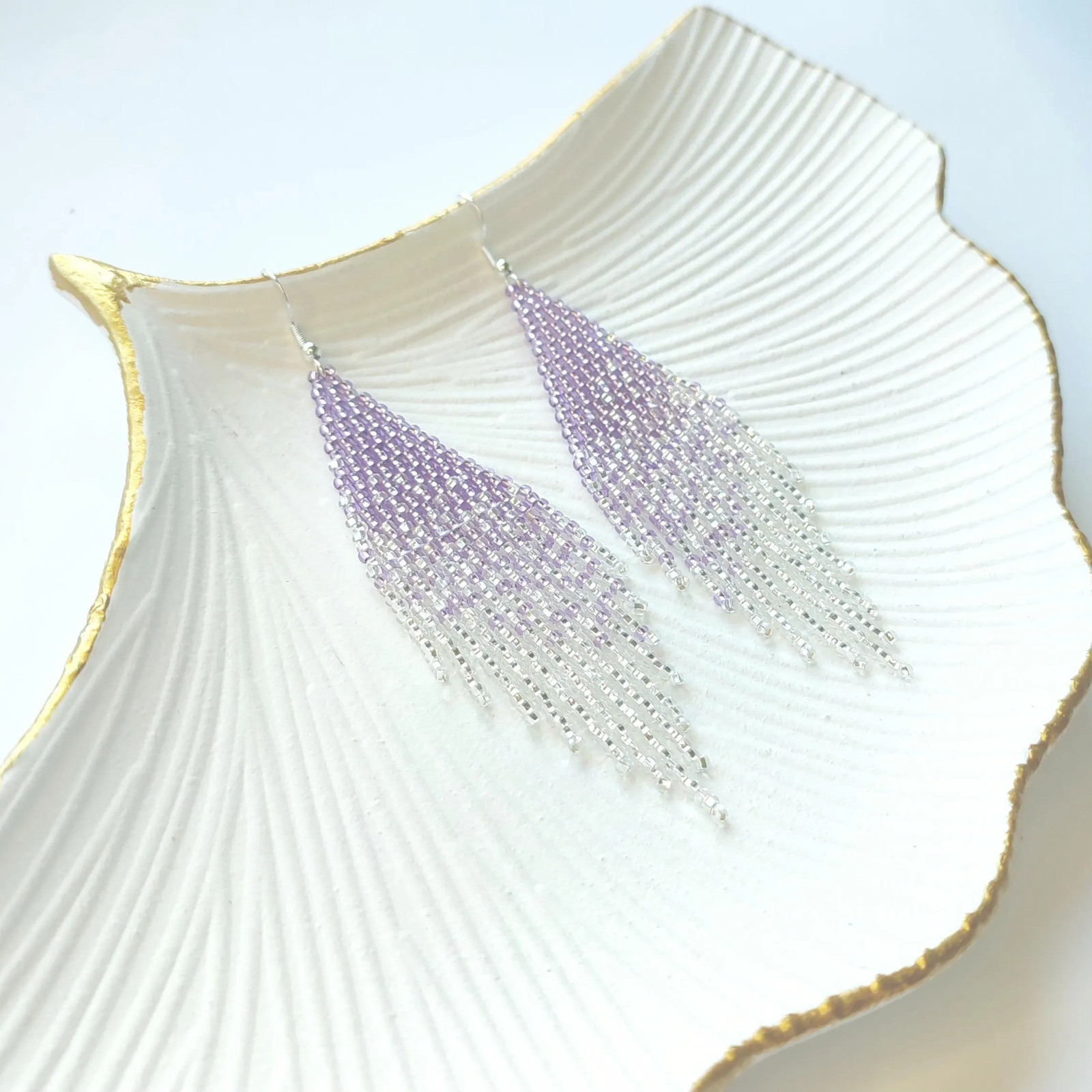 Ombre Beaded Fringe Earrings: Purple Silver Boho Dangle Jewelry