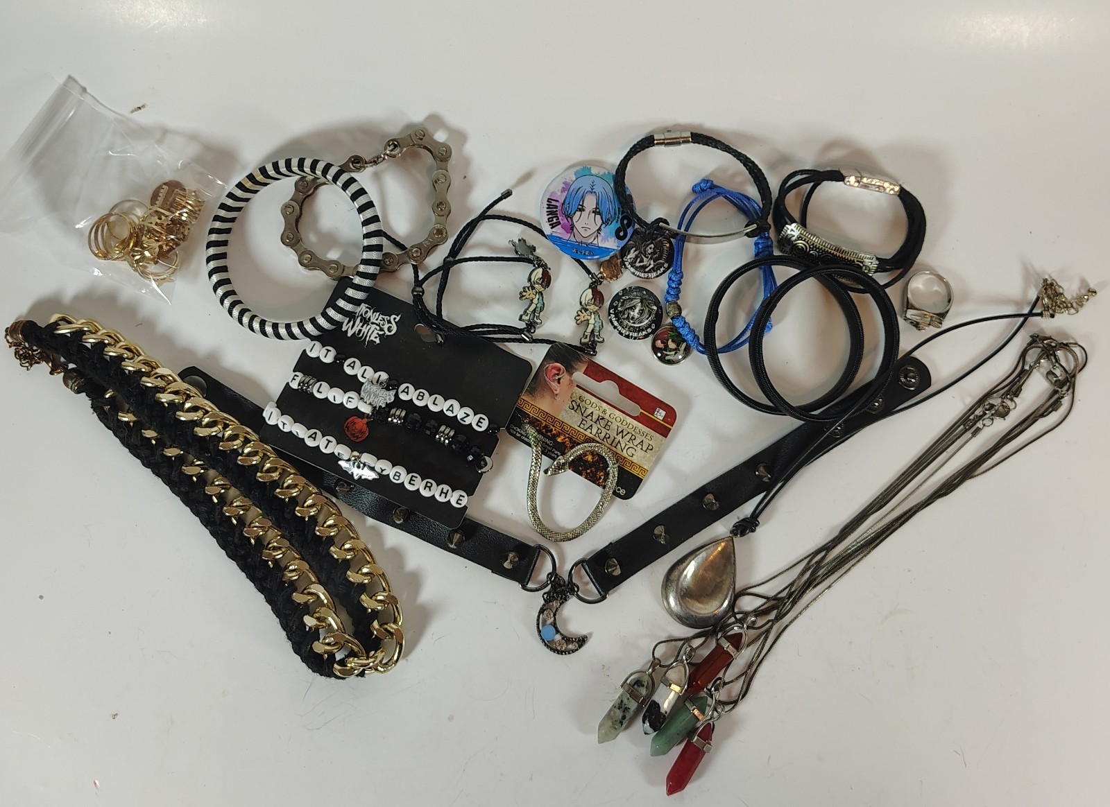 Anime Gothic Jewelry Lot 34 Pc Bracelets Necklaces Rings Ear Wrap Buttons Emo