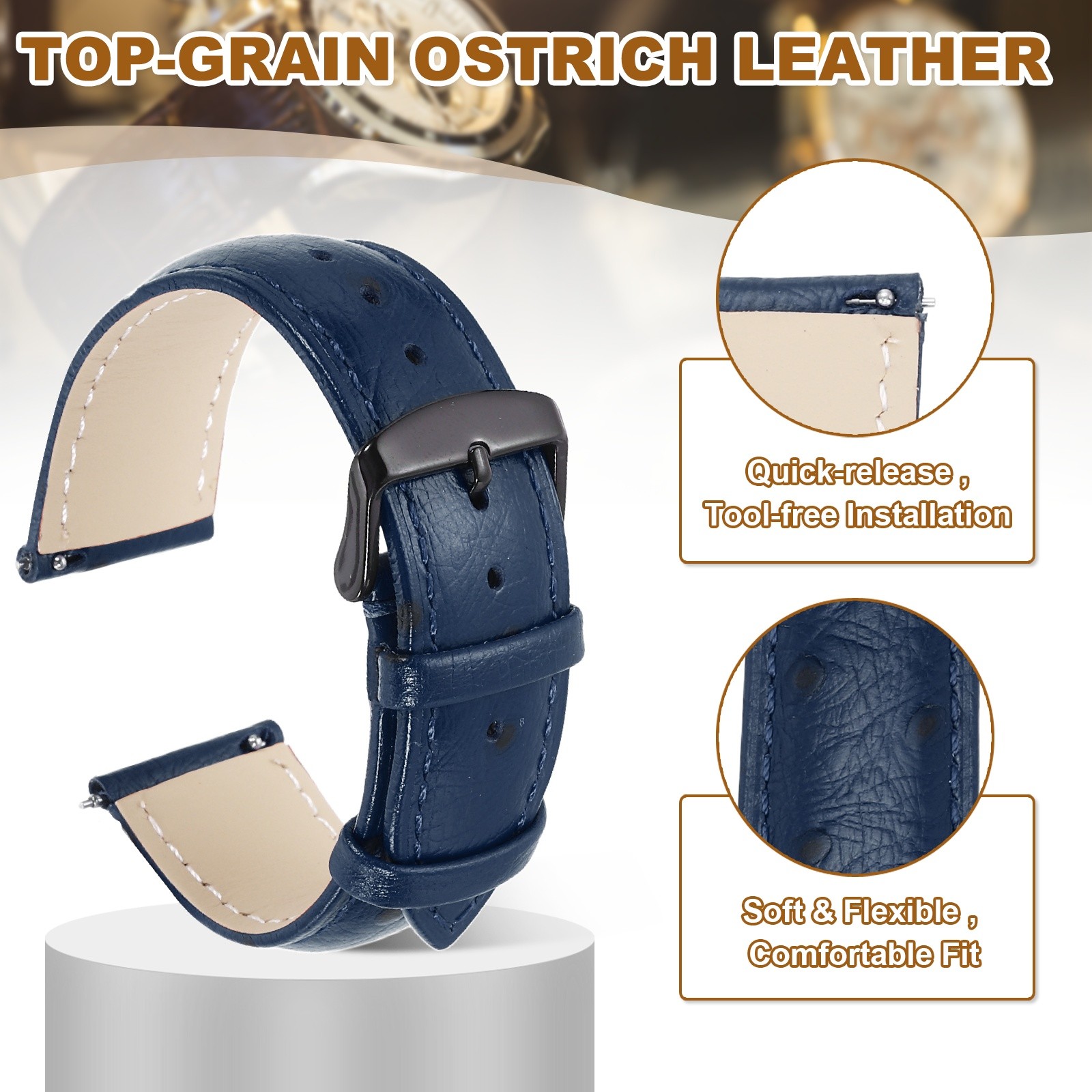 Leather Watch Band 0.87″ 22mm Top Grain Leather Watch Strap Black-Blue