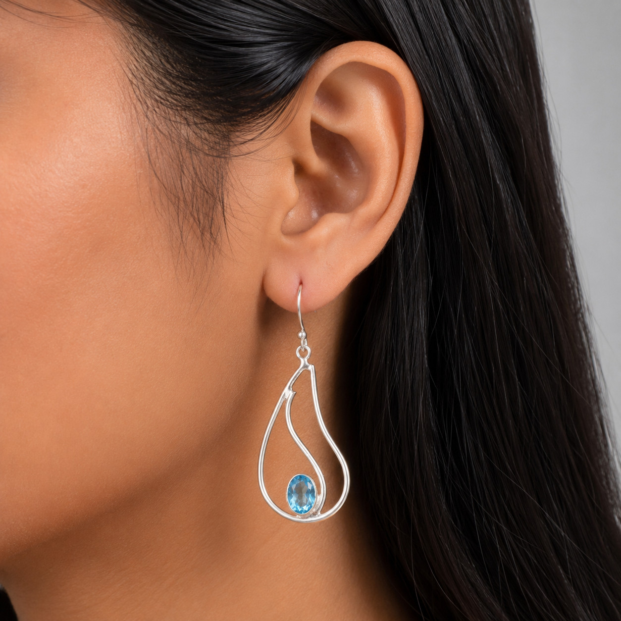 Swiss Blue Topaz Gemstone Earrings 925 Silver Handmade Daily Wear Jewelry 1.94″