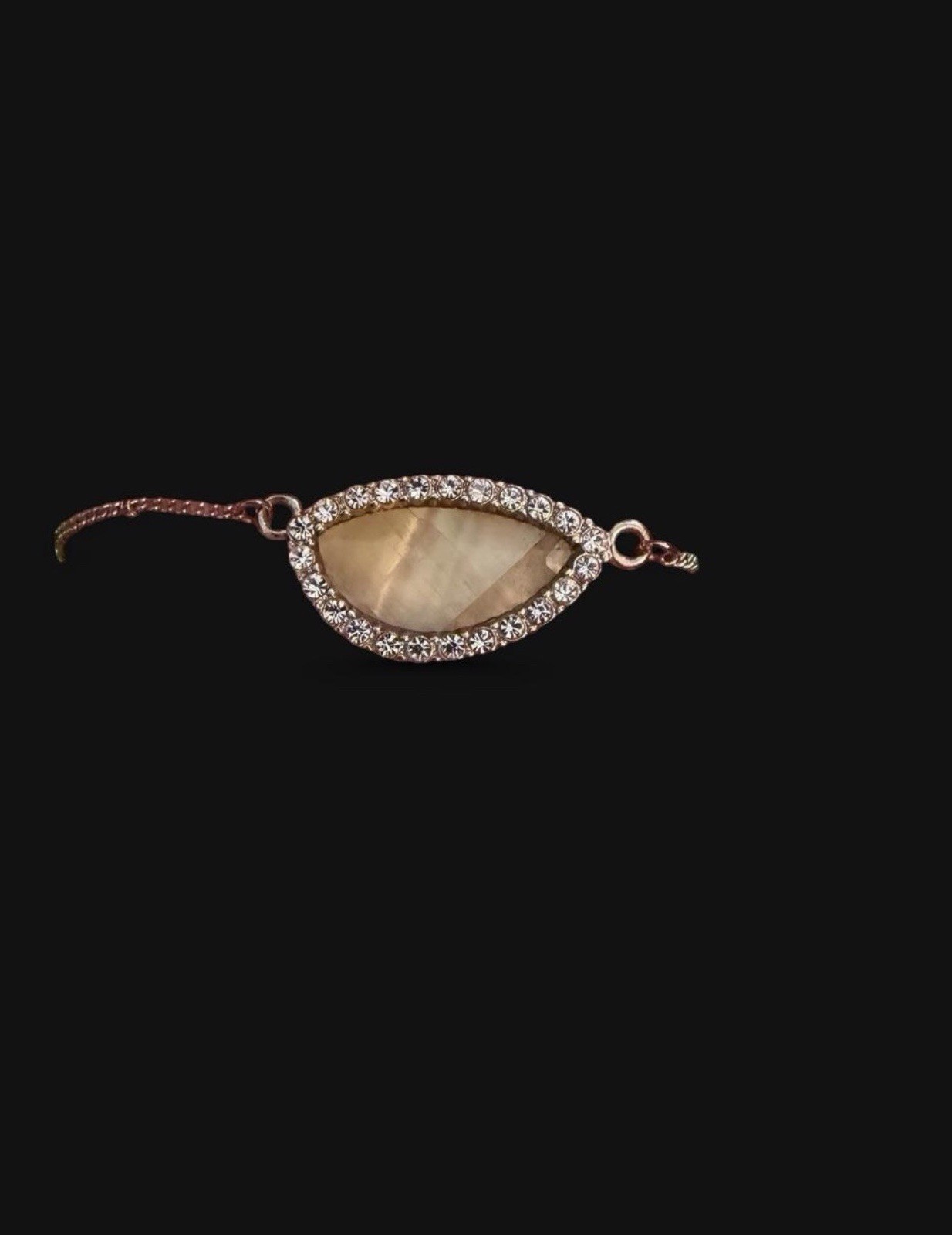 Gold Tone Marquise Pendant Necklace Beige Stone Rhinestone Pavé Halo, Lobster