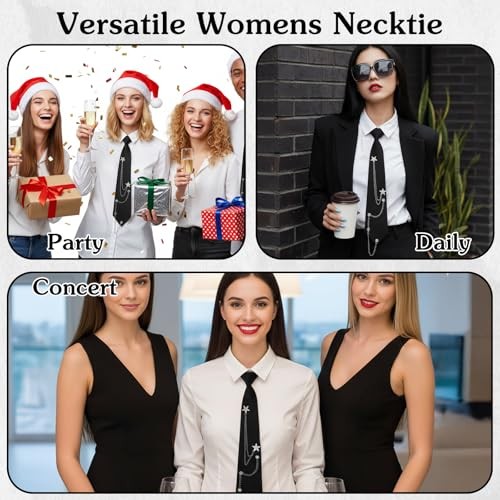 Ouligay Black Tie for Women Men Punk Neck Tie with Metal Chain Pre-Tied