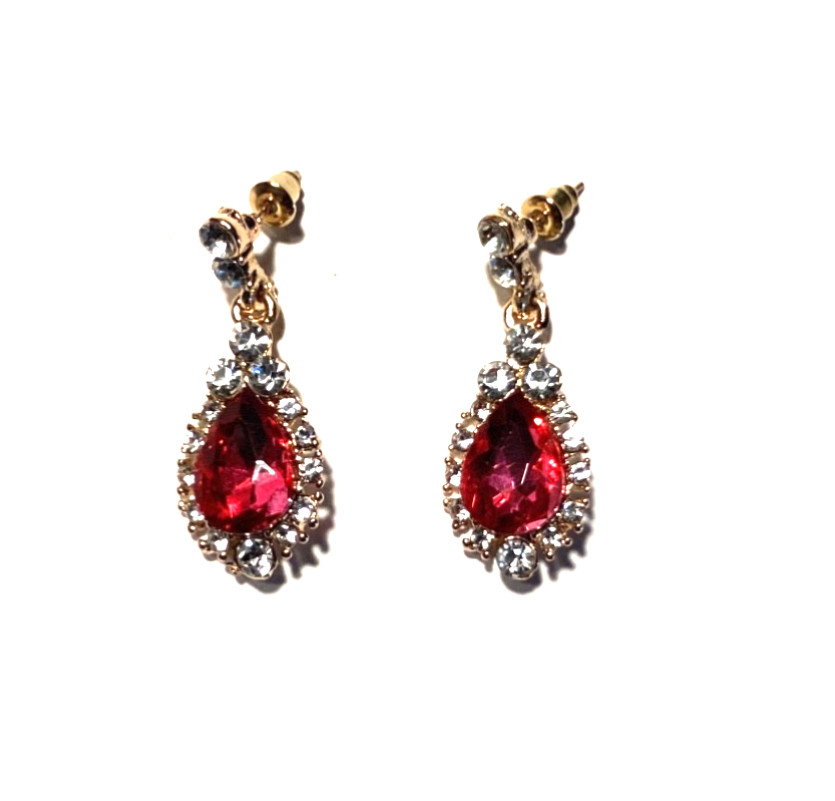 Teardrop Earrings Simulated Fuchsia Stone with Clear Faux Stones