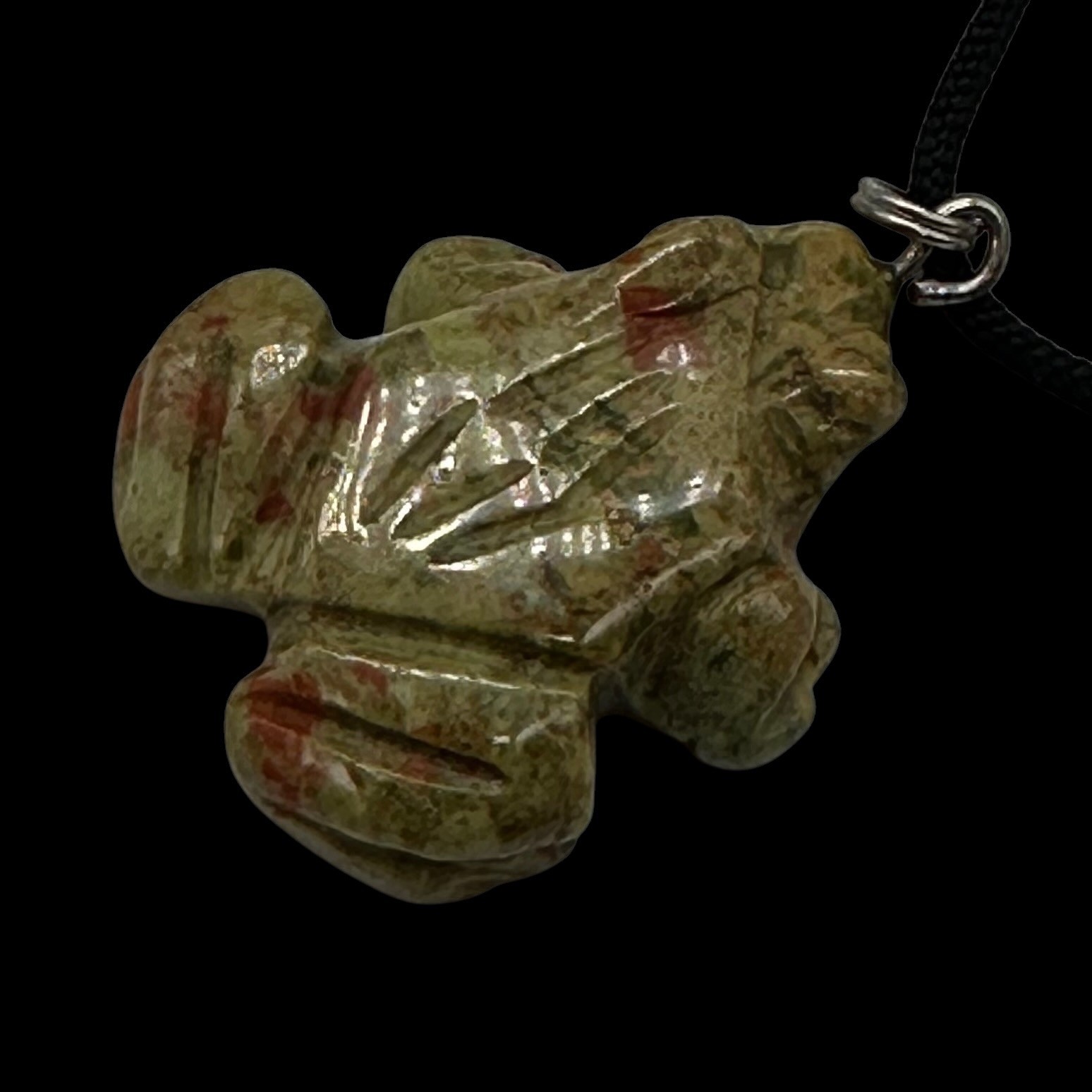 Unakite Stone Frog Pendant Necklace |1 1/4″ Long | Green, Pink | 1 Pendant |
