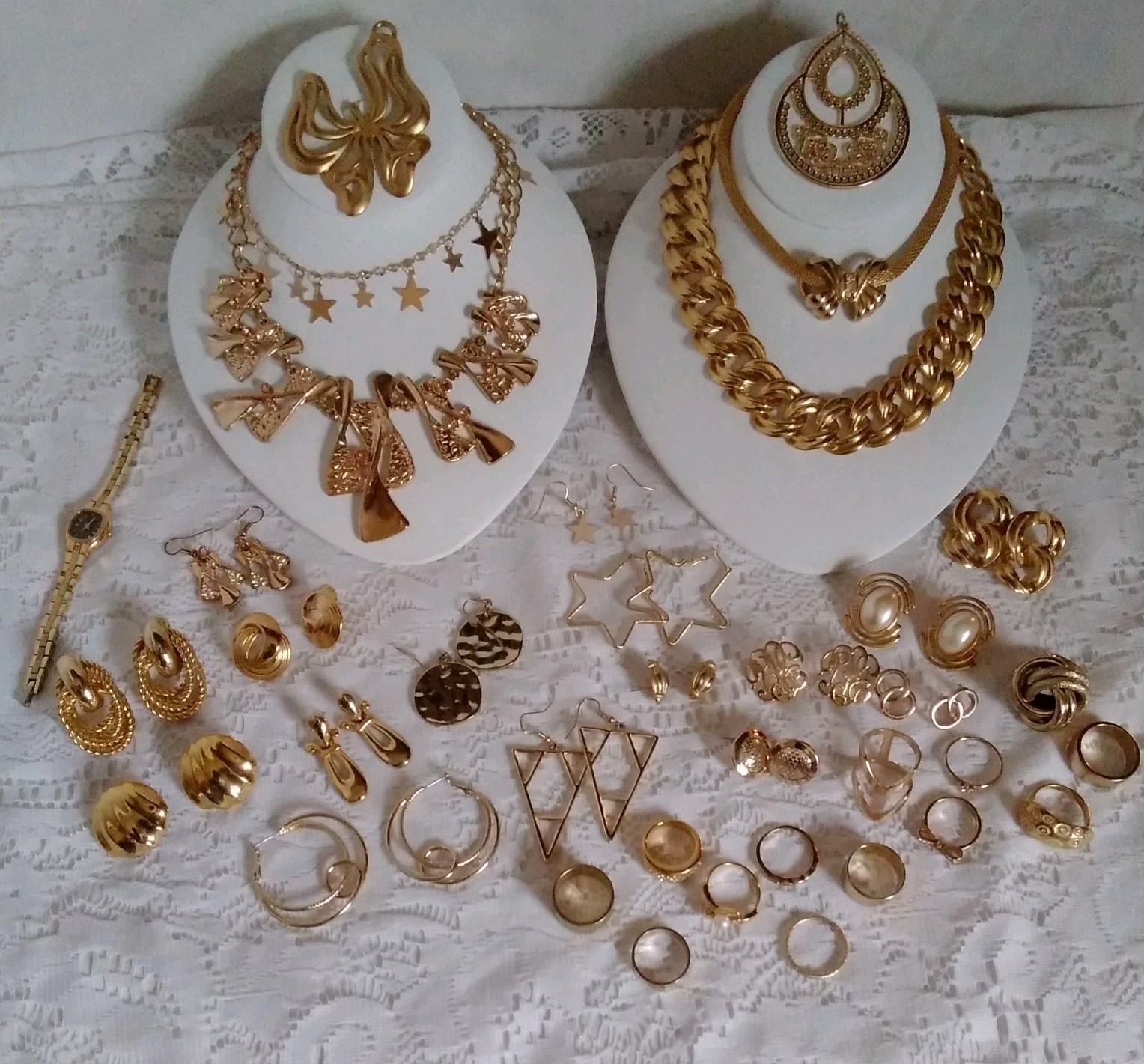 Vintage To Modern Goldtone Mixed Fashion Necklaces, Earrings, Rings 36 pc. Lot