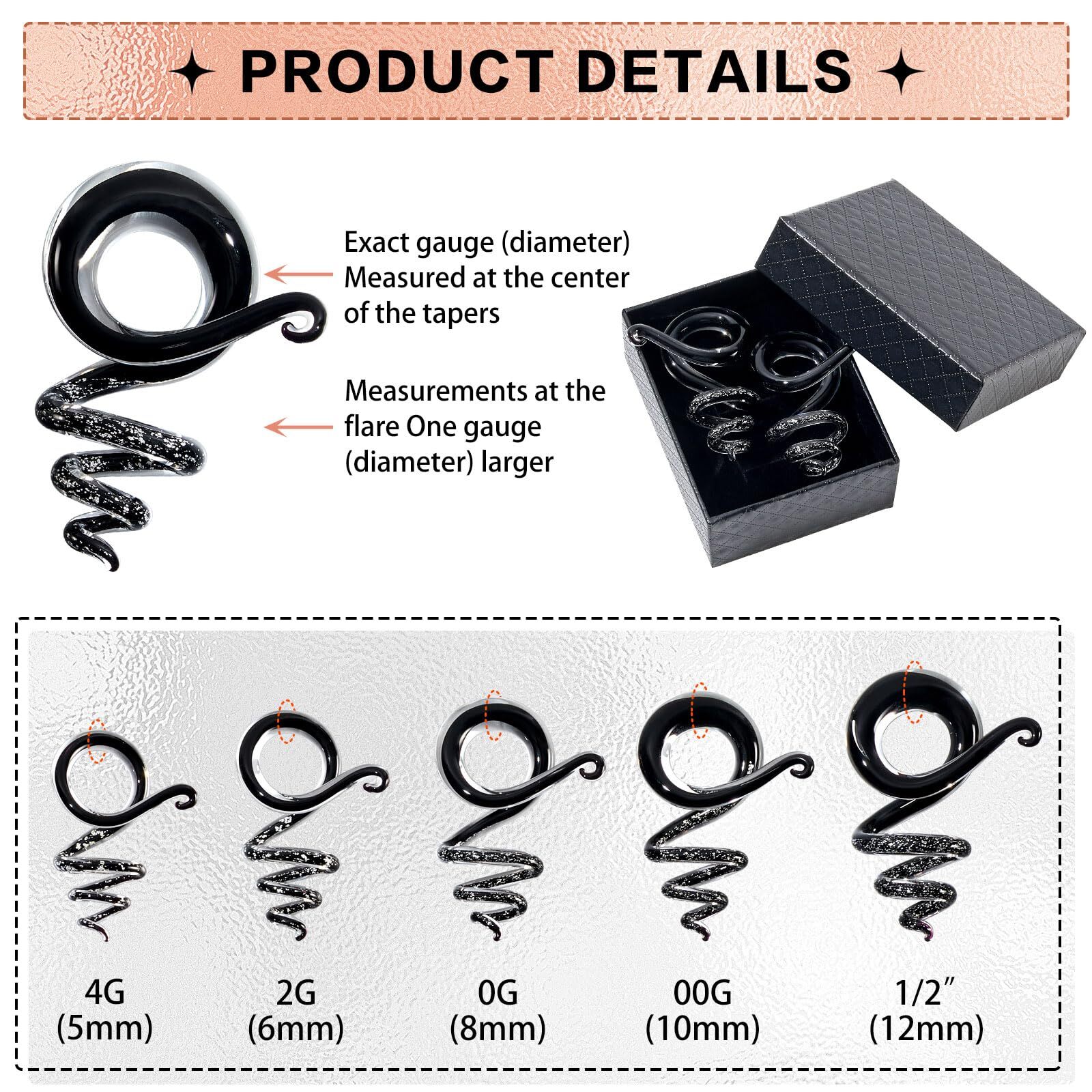 2PC Glass Spiral Tapers Handmade Ear Hanger Twist Ear Gauges Stretching Piercing