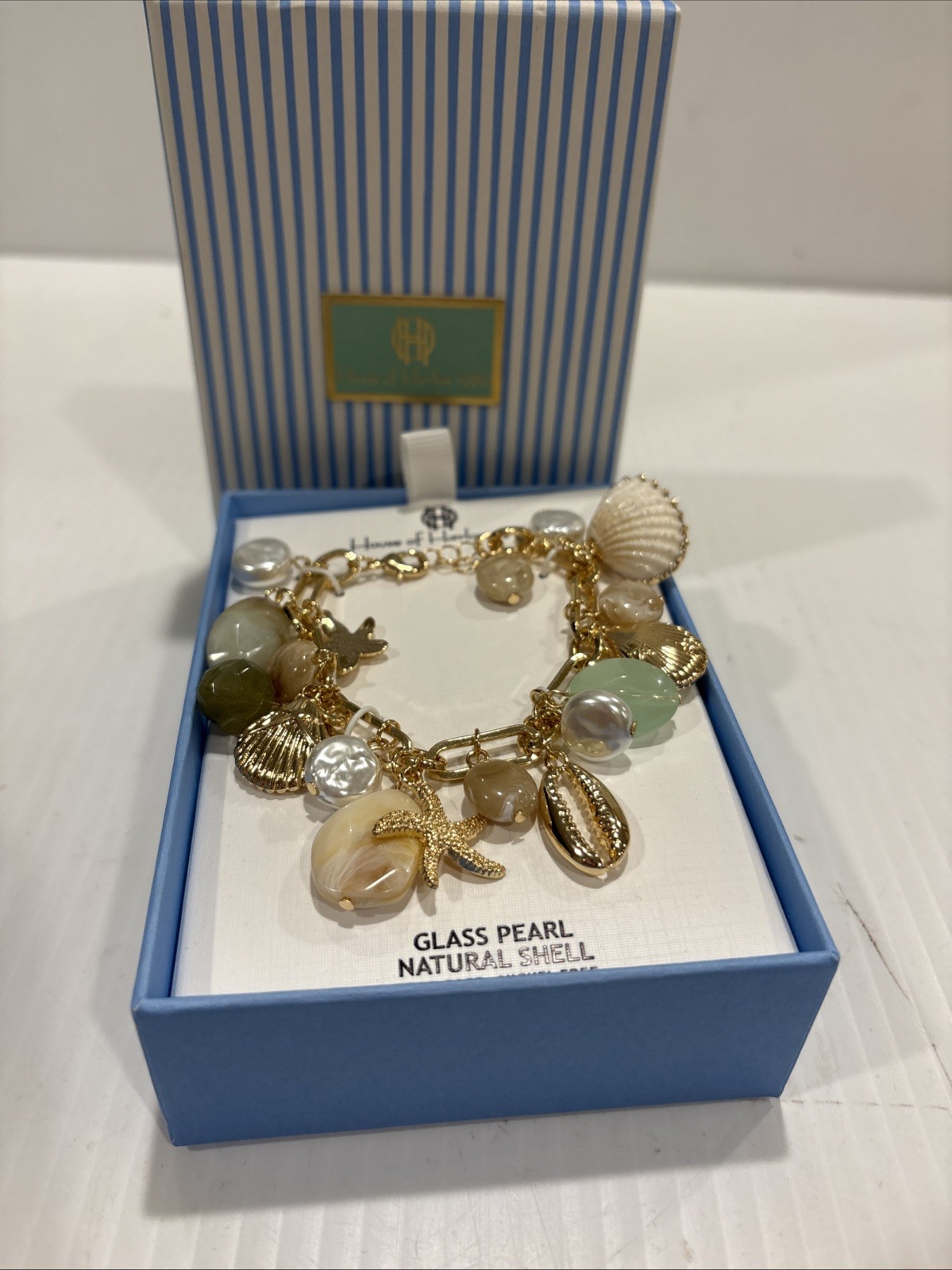 House of Harlow Glass Pearl and Natural Shell Beach Charm Bracelet NWT