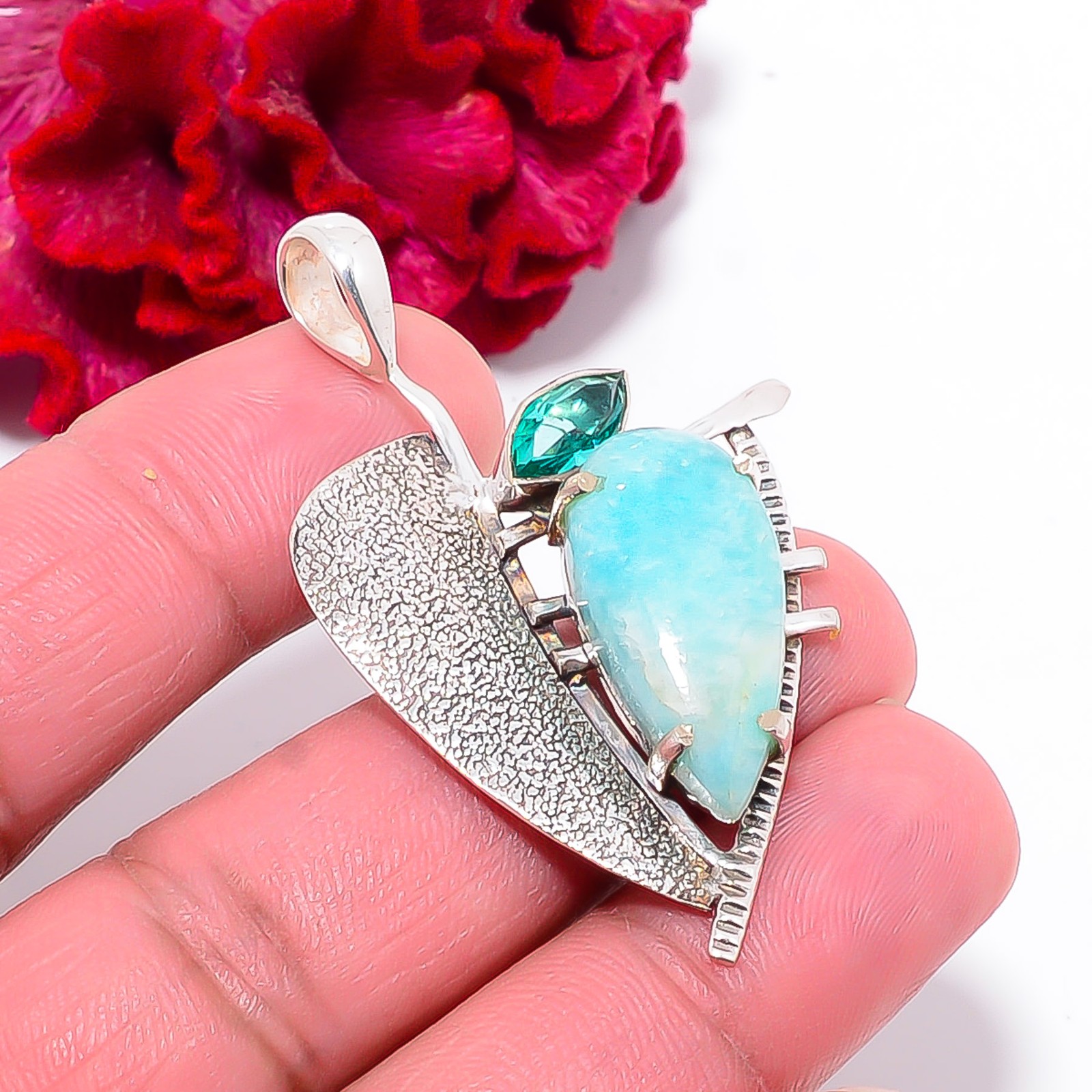 Amazonite – Peru & Teal Tourmaline Gemstone 925 Sterling Silver Pendant 2.03″ P1