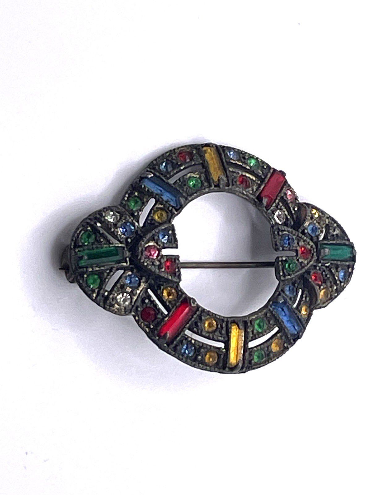 Vintage Art Deco Czech Brooch Pot Metal Rhinestone Multicolor READ