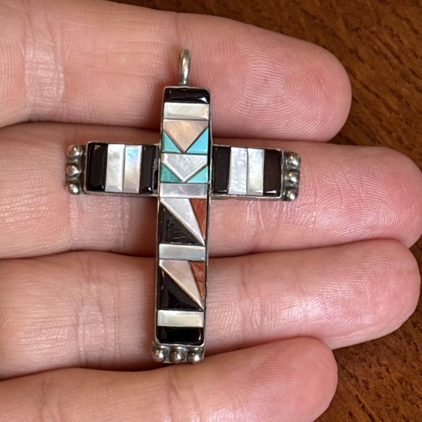 C C Zuni Cross Pendant Sterling Silver Vintage Superb Cobblestone Turquoise Wz