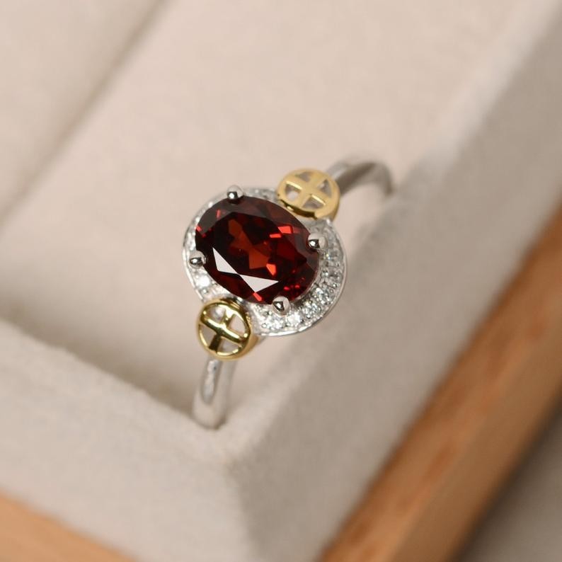 1.16 Ct Oval Cut Natural Garnet Diamond Engagement Ring 14K White Gold Size 8