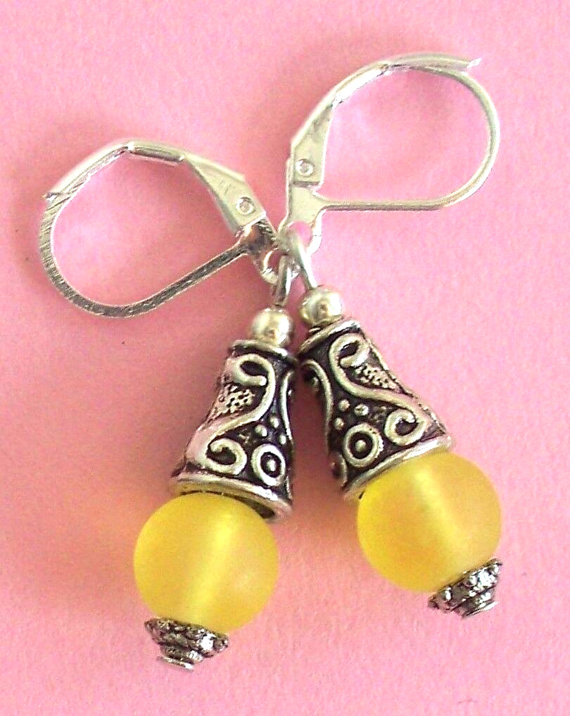 lemon yellow BEACH SEA FROSTED GLASS earring SP HANDCRAFTED leverback xx
