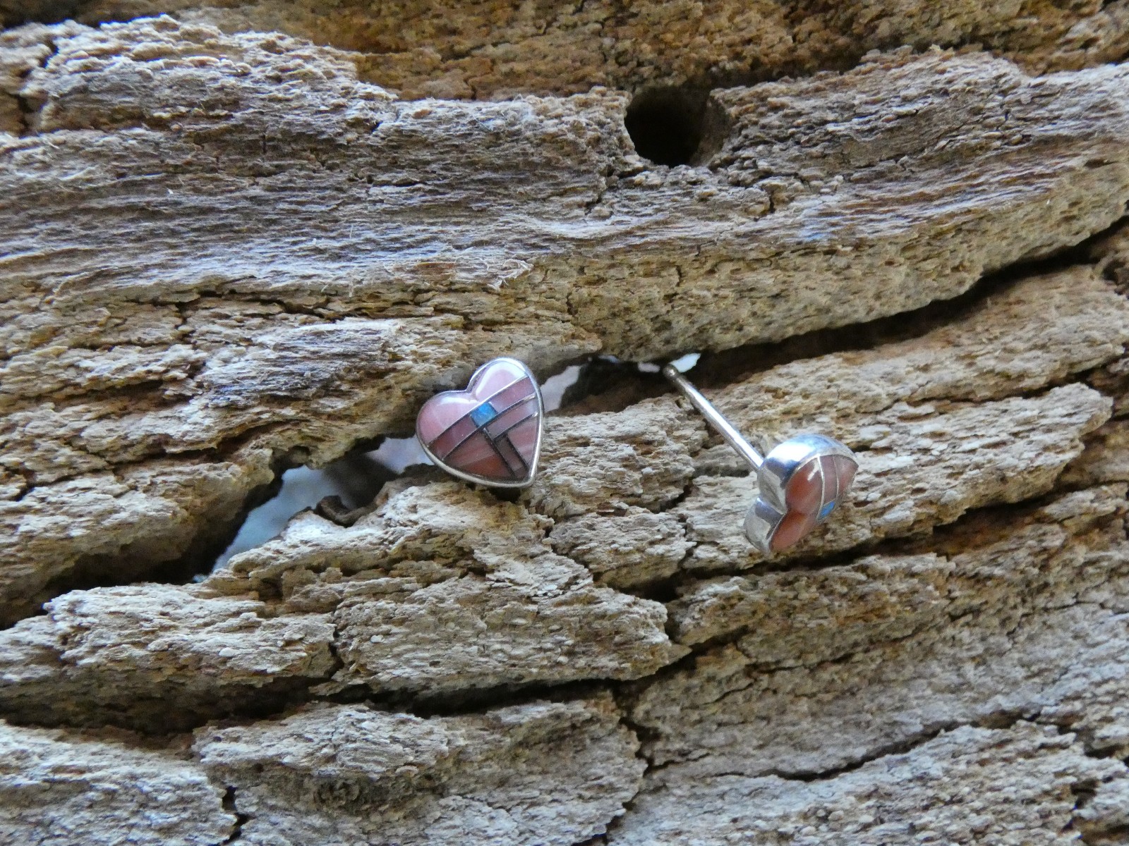 Pink Conch Shell & Opal Sterling Silver Gemstone Heart Small Post Earrings BF24