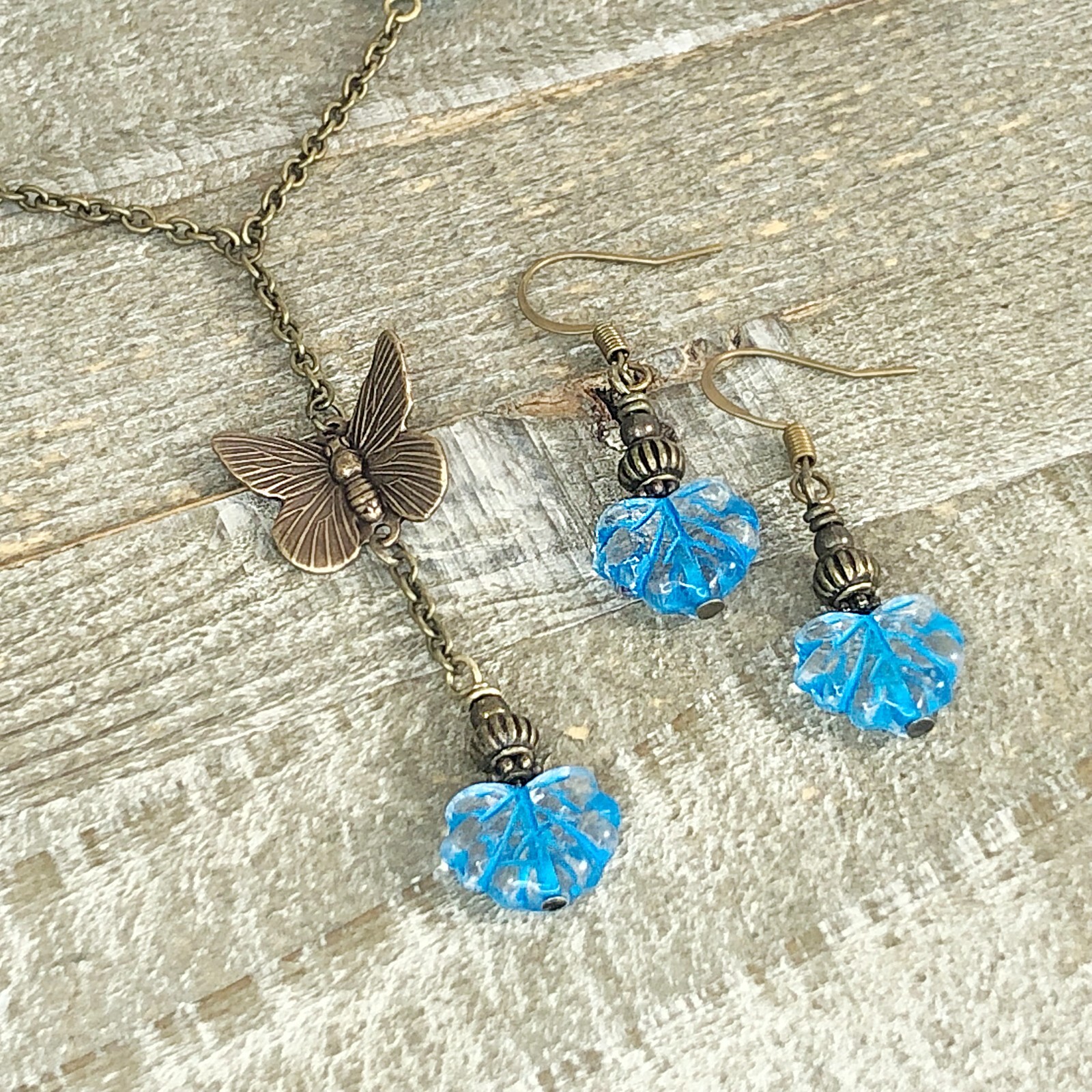 Art Nouveau Bronze Butterfly Y Necklace Clear Glass Blue Etched Leaves, Earrings