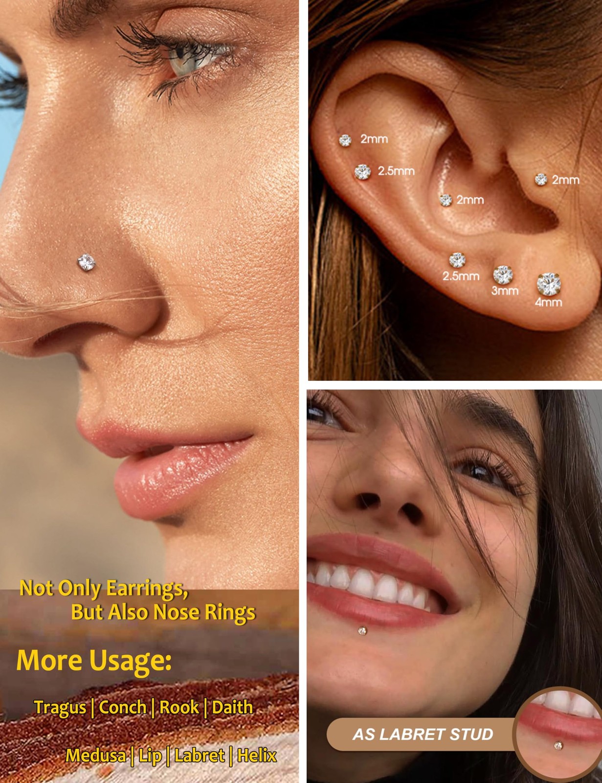 18G Flat Back Earrings Studs-Hypoallergenic Surgical Stainless Steel Cartilag…