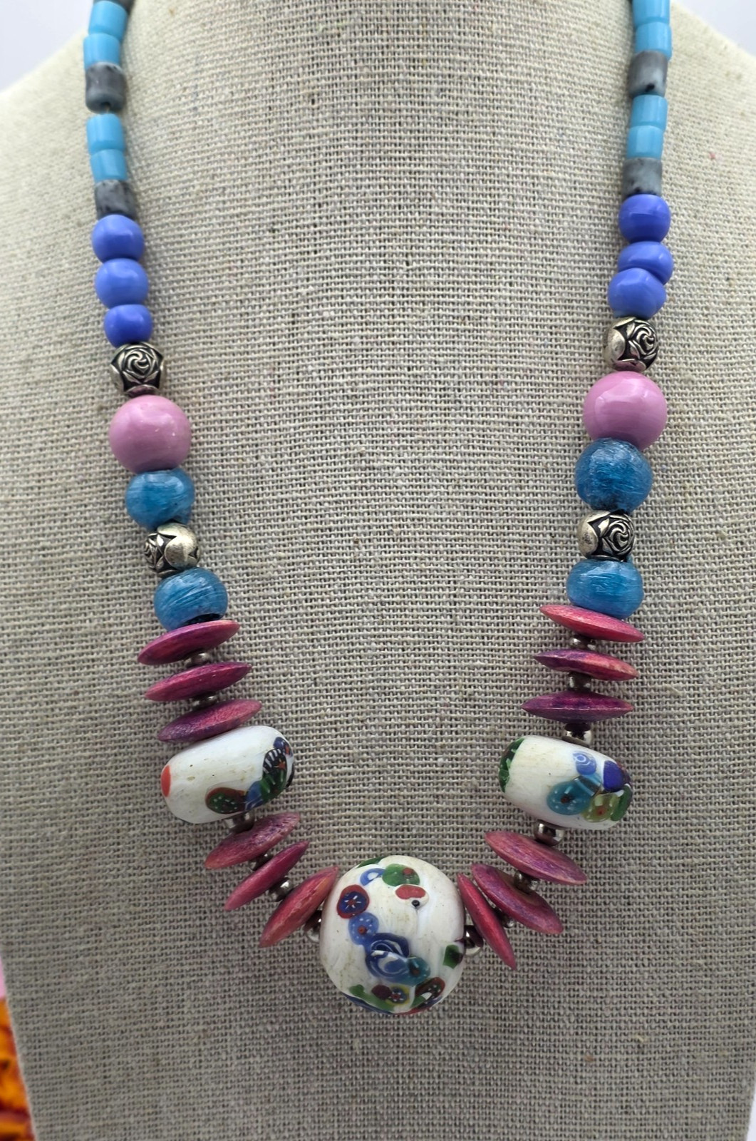Handmade Artisan Ceramic Bead Necklace Colorful Boho Cottagecore 18.5 in
