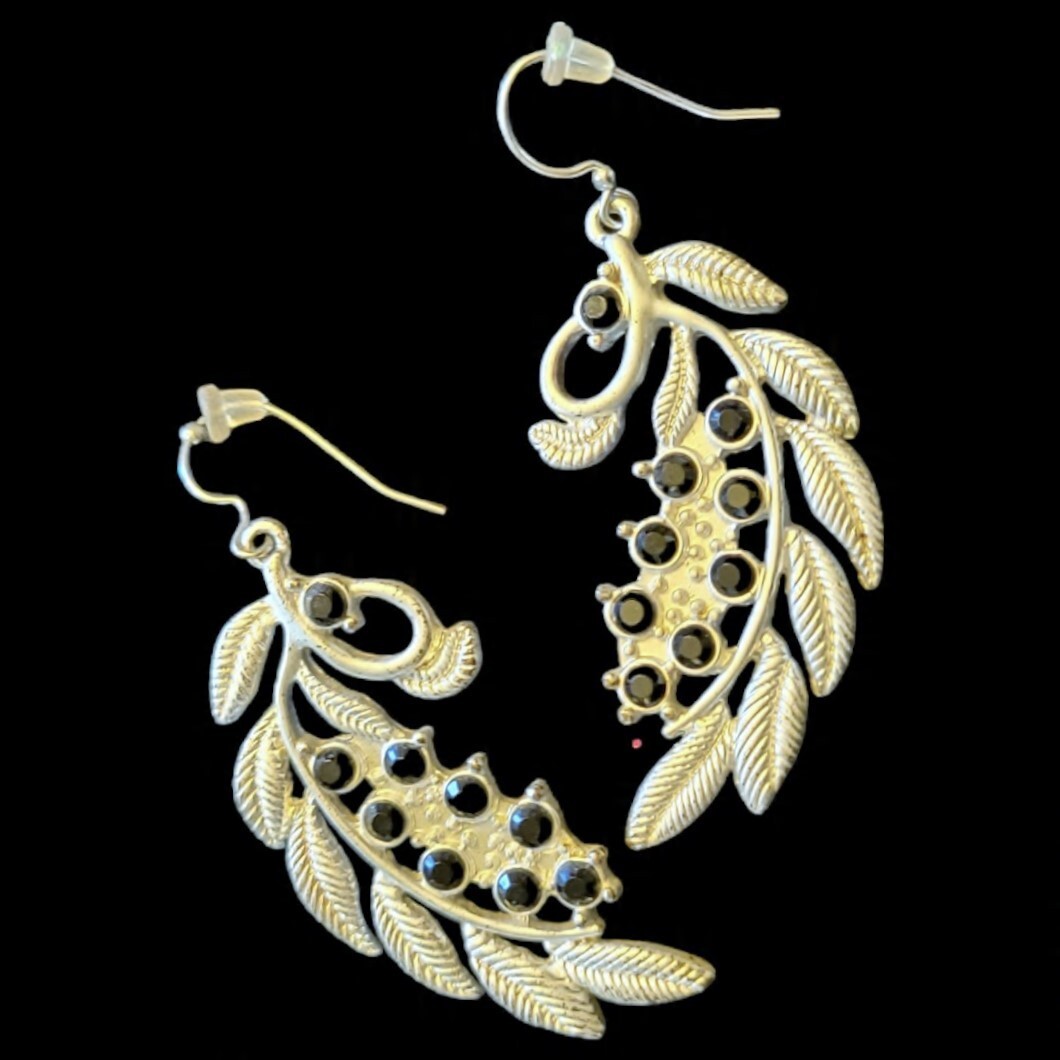 SILVER Branch Leaf Dangle Earring BLACK Stone Accents LIGHTWEIGHT Jewelry