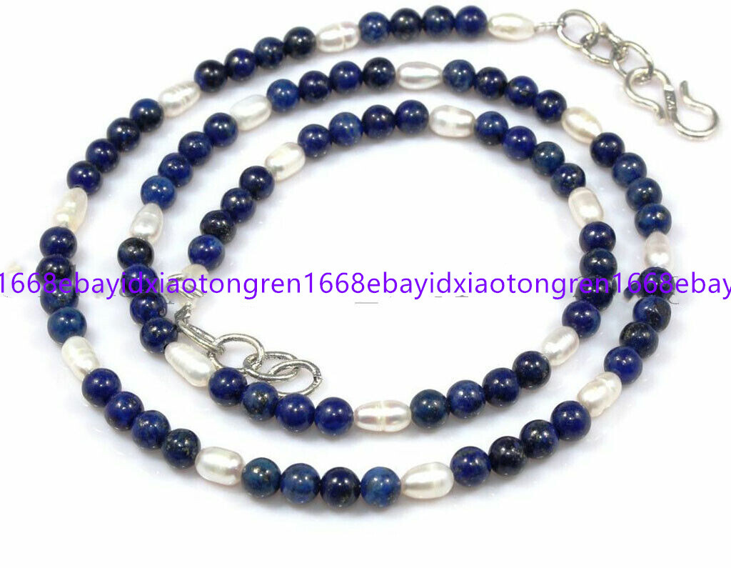 Natural 7-8mm White Pearl & 8mm Lapis Lazuli Round Gems bead Necklace 18-36 Inch