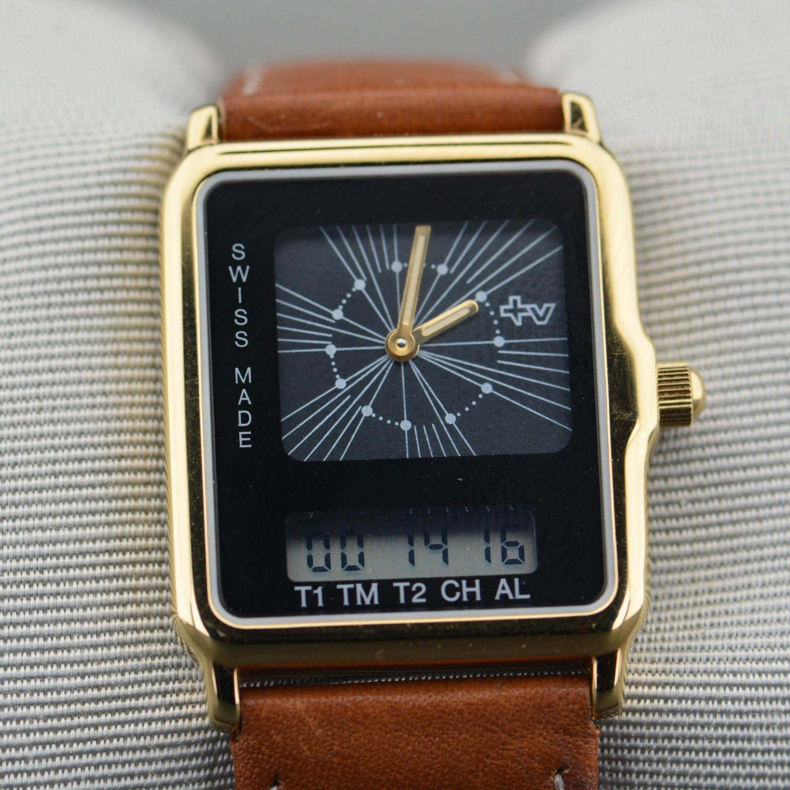 Mondaine Two-Timer Analog-Digital TV Case Vintage Gold Plated Unisex Dress Watch