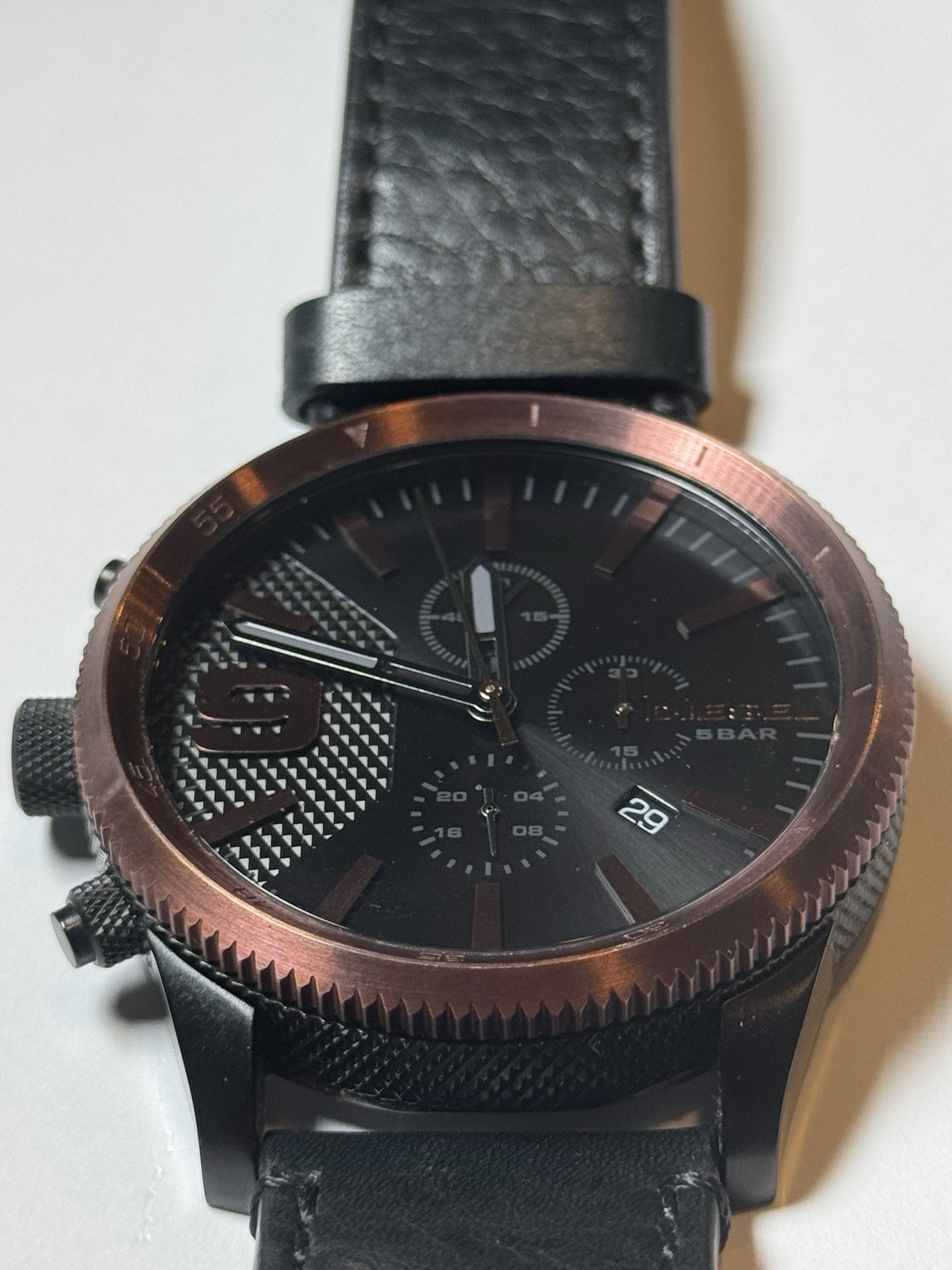 Diesel Brave Men’s Watch Quartz Analog Date Black Dial Leather Strap 51mm 5 ATM
