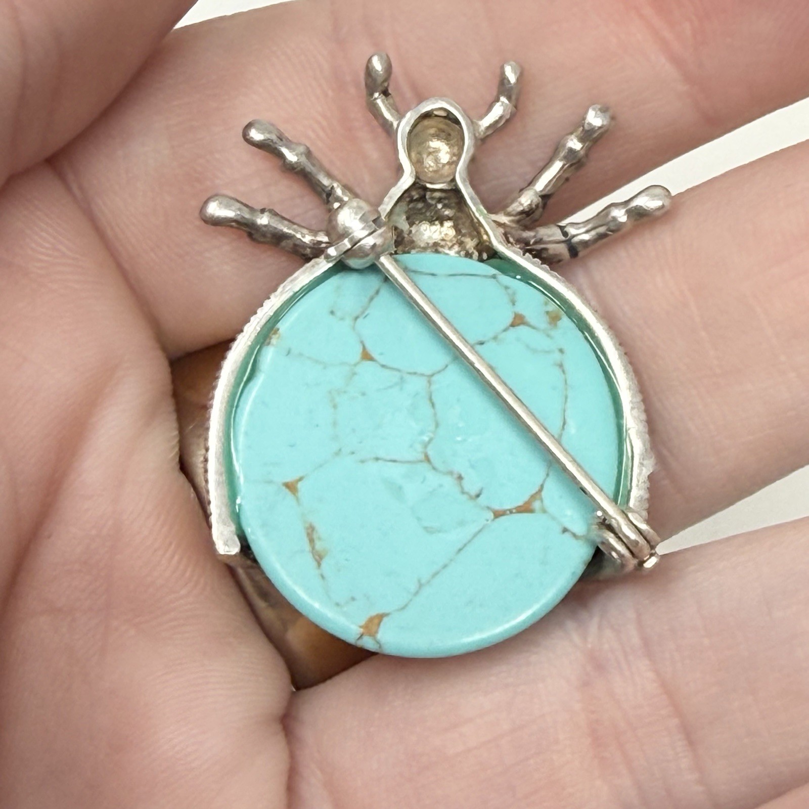 Vintage Sterling Silver Marcasite Bug Brooch Turquoise Cabochon Insect 925