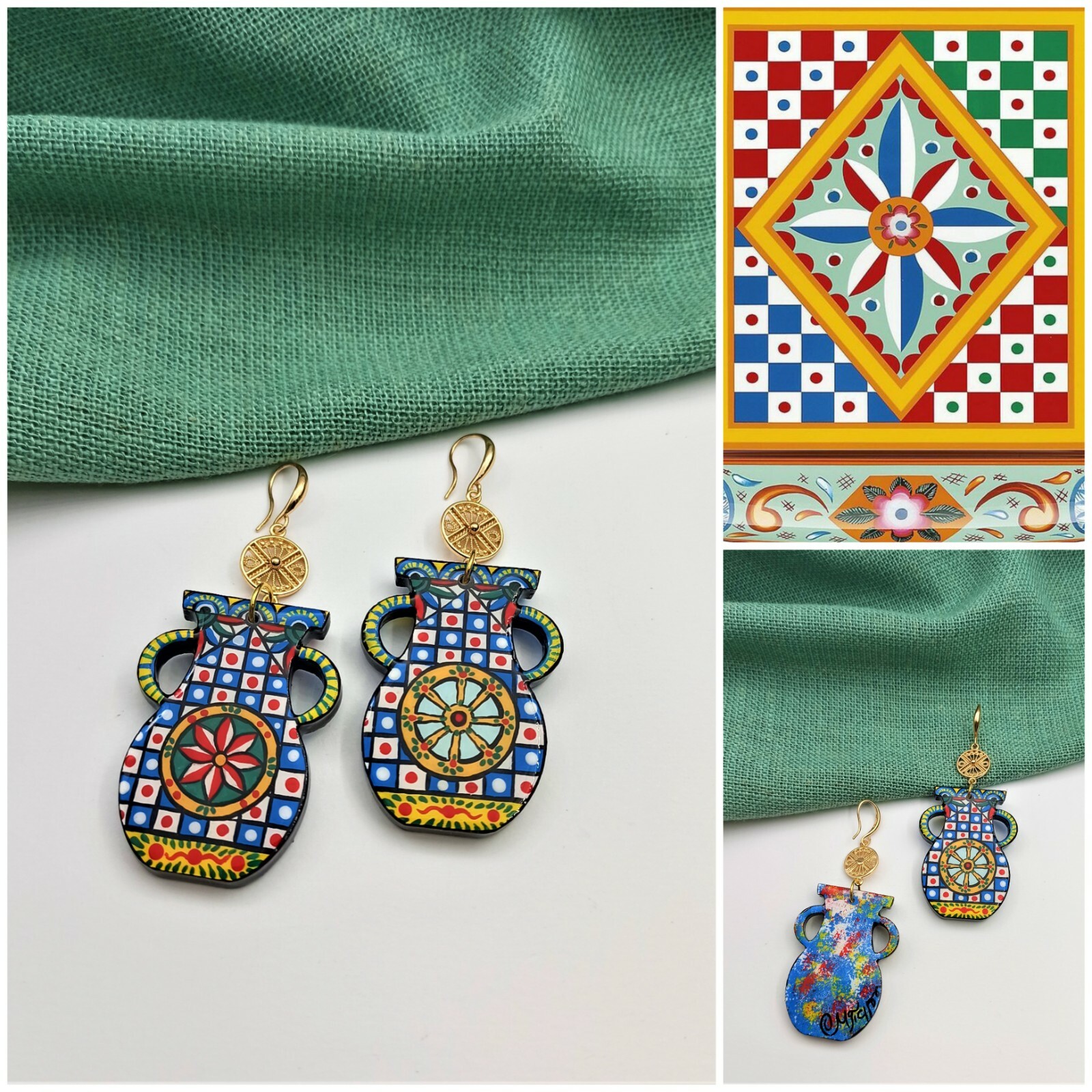 Painted Pottery Vase Wood earrings inspired by Sicilian Folk Caltagirone Art.