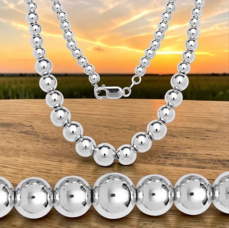 Italian 10-16mm Sterling Silver Graduated Bead Necklace – 18 inches