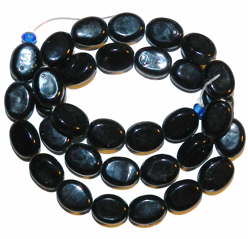 G2563 Black Opaque 12mm Flat Puffed Oval Lampwork Glass Beads 16″