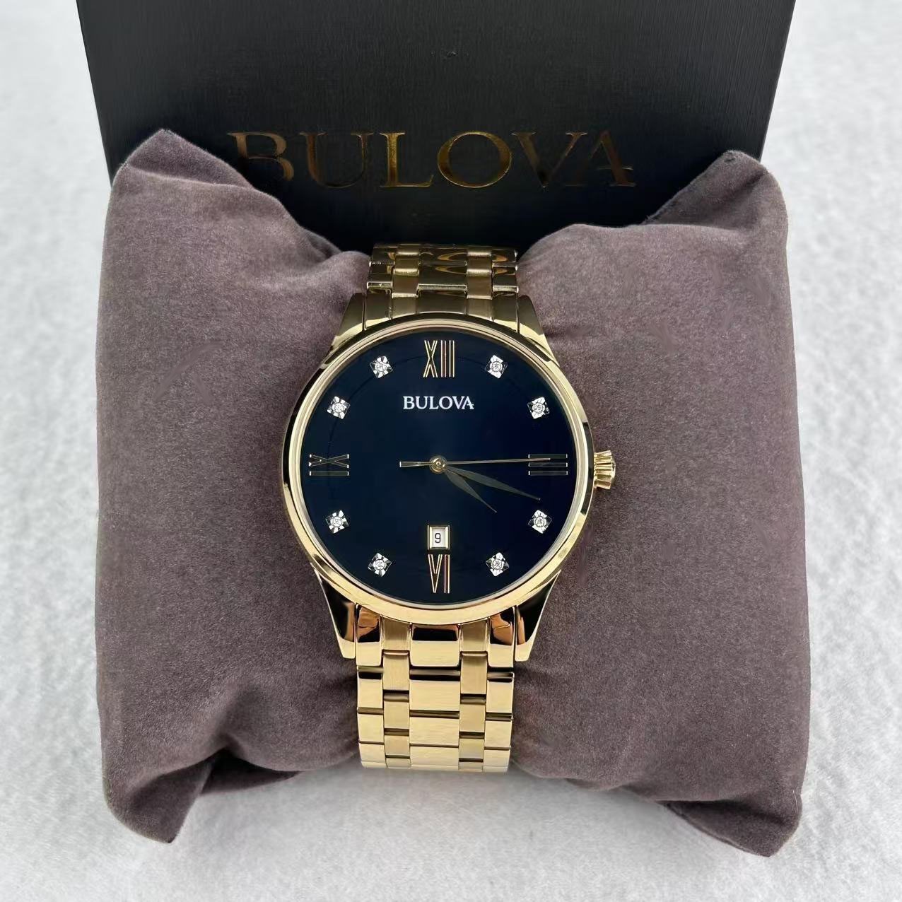 Bulova 97D108 Diamond Black Dial Gold Bracelet Classic Men’s Quartz Watch 40mm