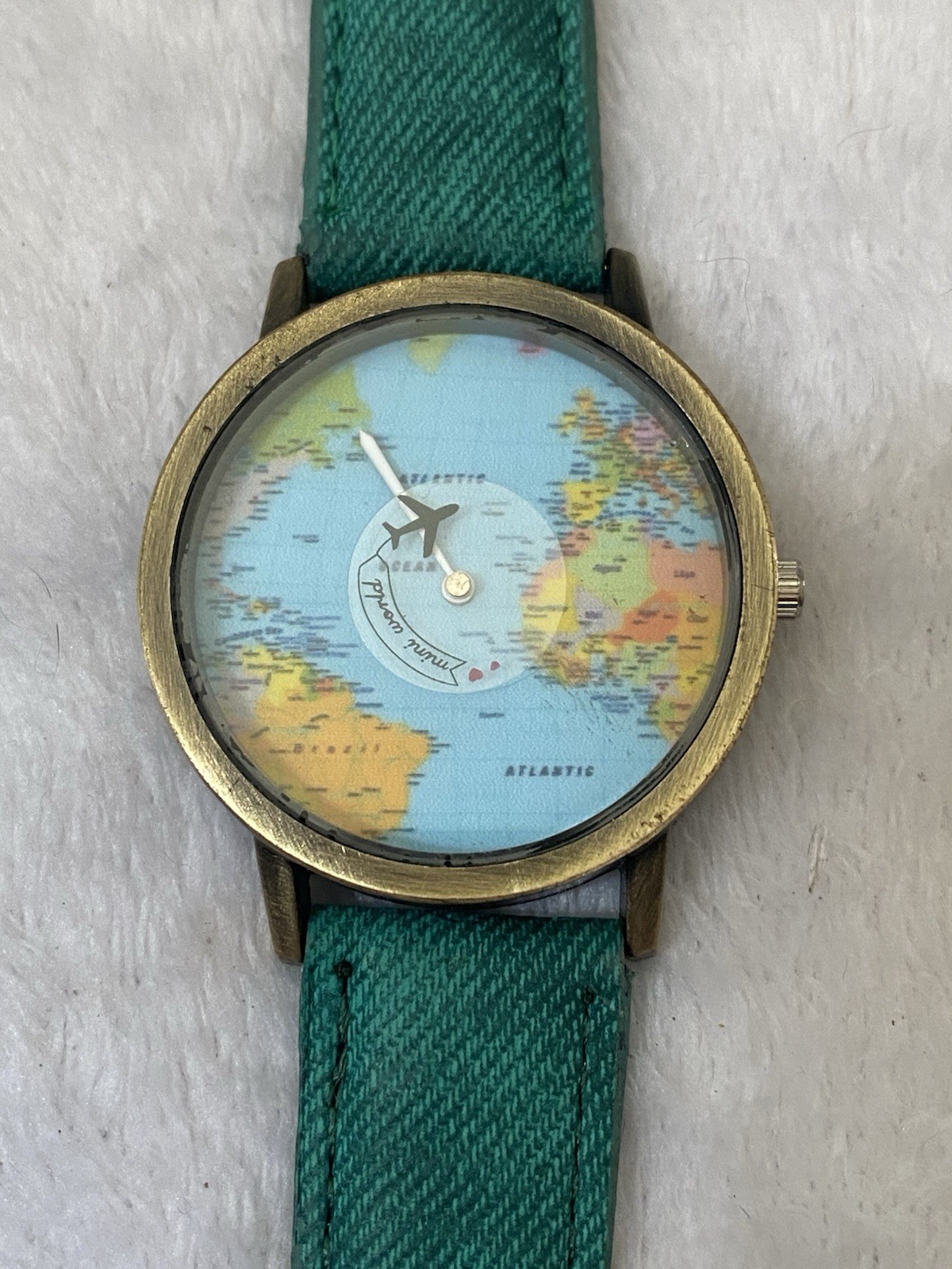 Novelty World Map Airplane Second Hand Watch BronzeToneTravelThemeNewBattery