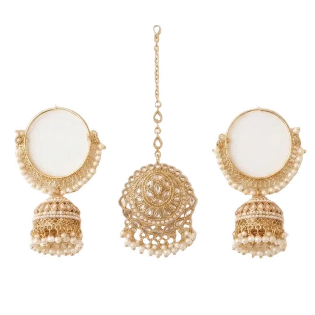 Dina Gold Jhumka tikka Earrings Set – Traditional Gold Tone Jhumka Earrings and