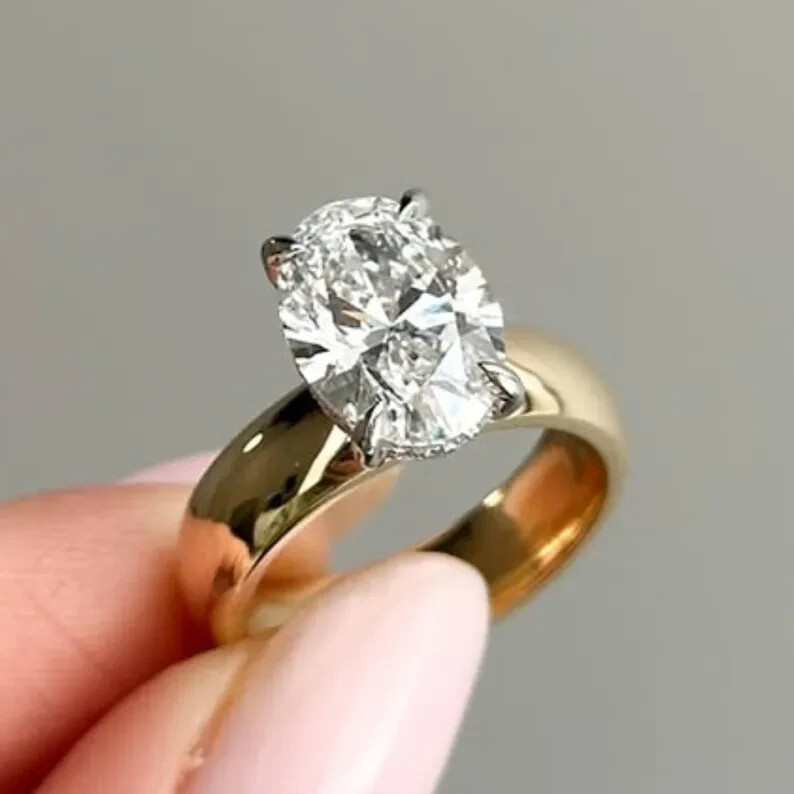 Two-Tone 2.5Ct Oval Moissanite Solitaire Wide Band Engagement Ring 14k Gold Over