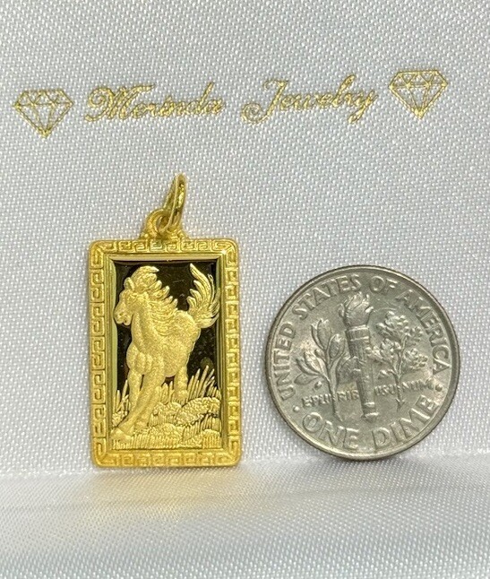 24K Solid Yellow Gold Zodiac Sign Horse Rectangle Charm Pendant, 4.1 Grams