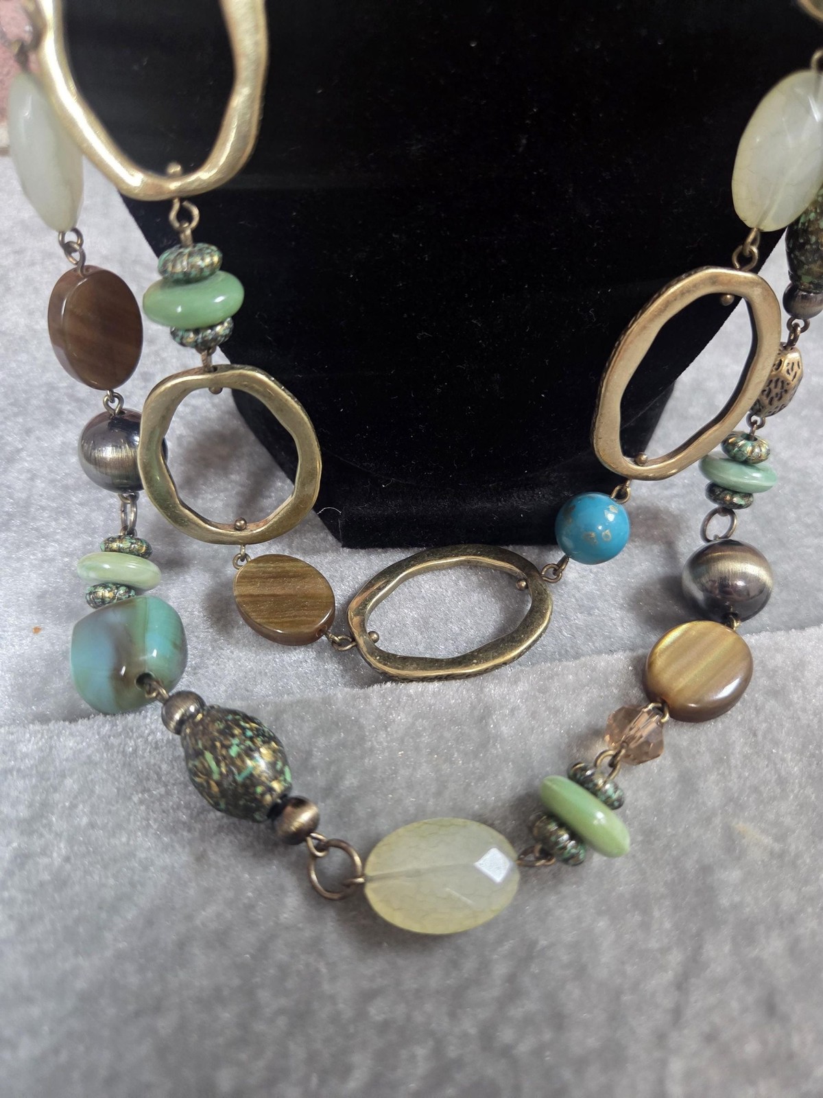 Chicos Vintage Double Strand Necklace Turquoise, Tigers Eye Hammered Gold Boho