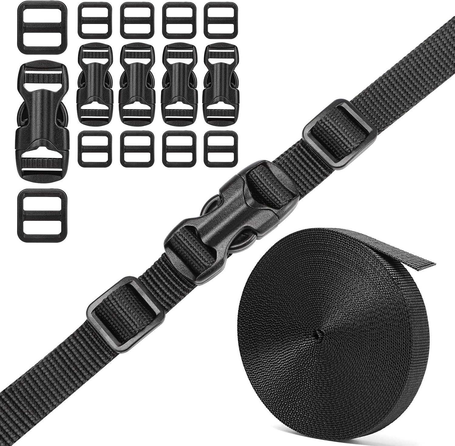 Complete 5/8″ Strap & Buckle Kit: 6 Yards Nylon, 6 Adjustable Buckles