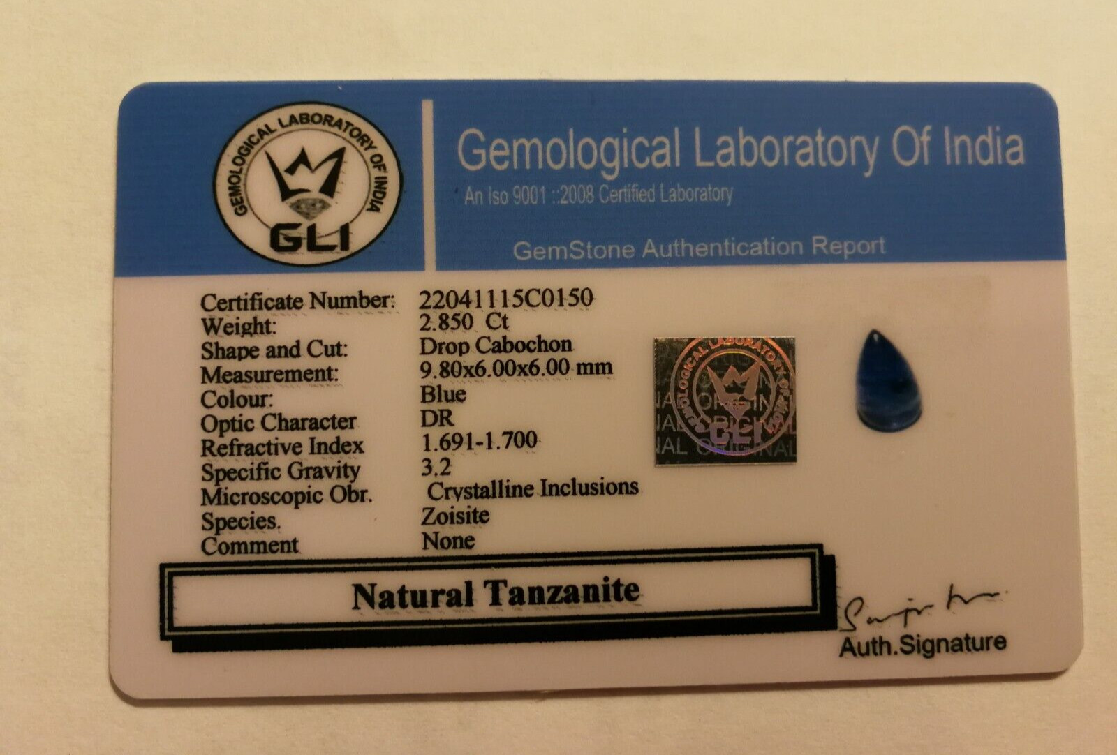 2.85 Carat Natural Tanzanite Drop Cabochon, with GLI Report