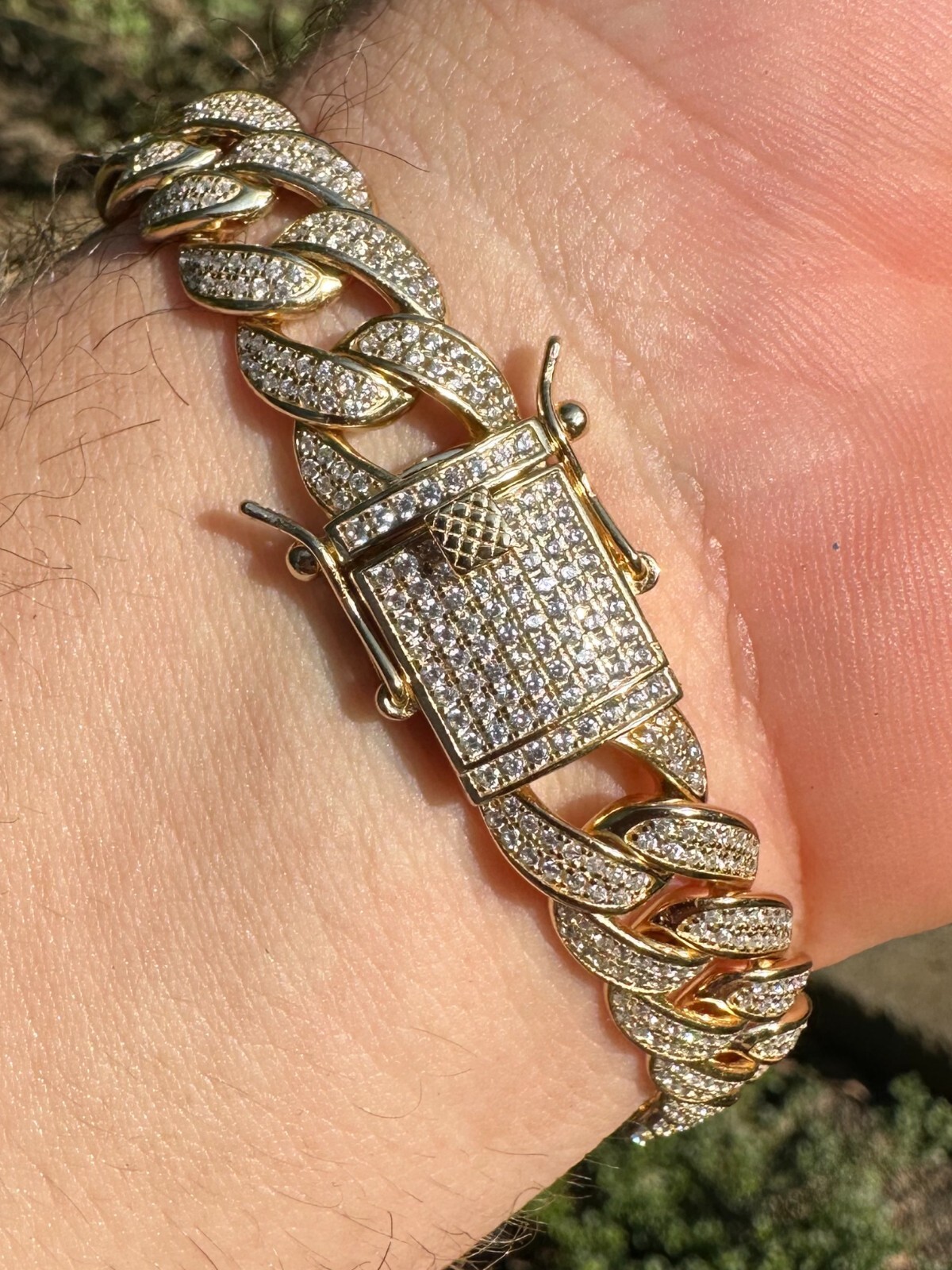 Mens Miami Cuban Link Bracelet Real Icy Solid 14k Gold Plated 925 Silver CZ 12mm